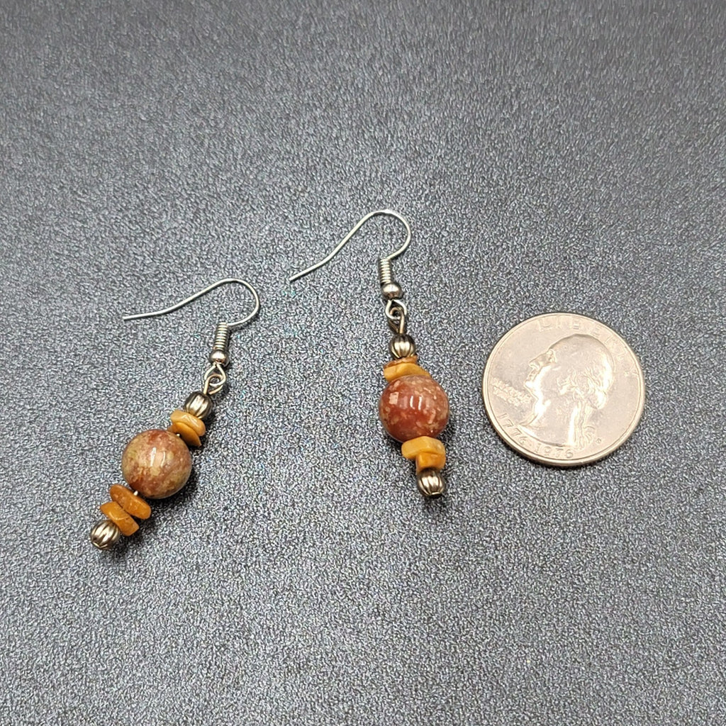 Pierced Earrings Silver tone Jasper Stone Beaded Dangle 1.25"