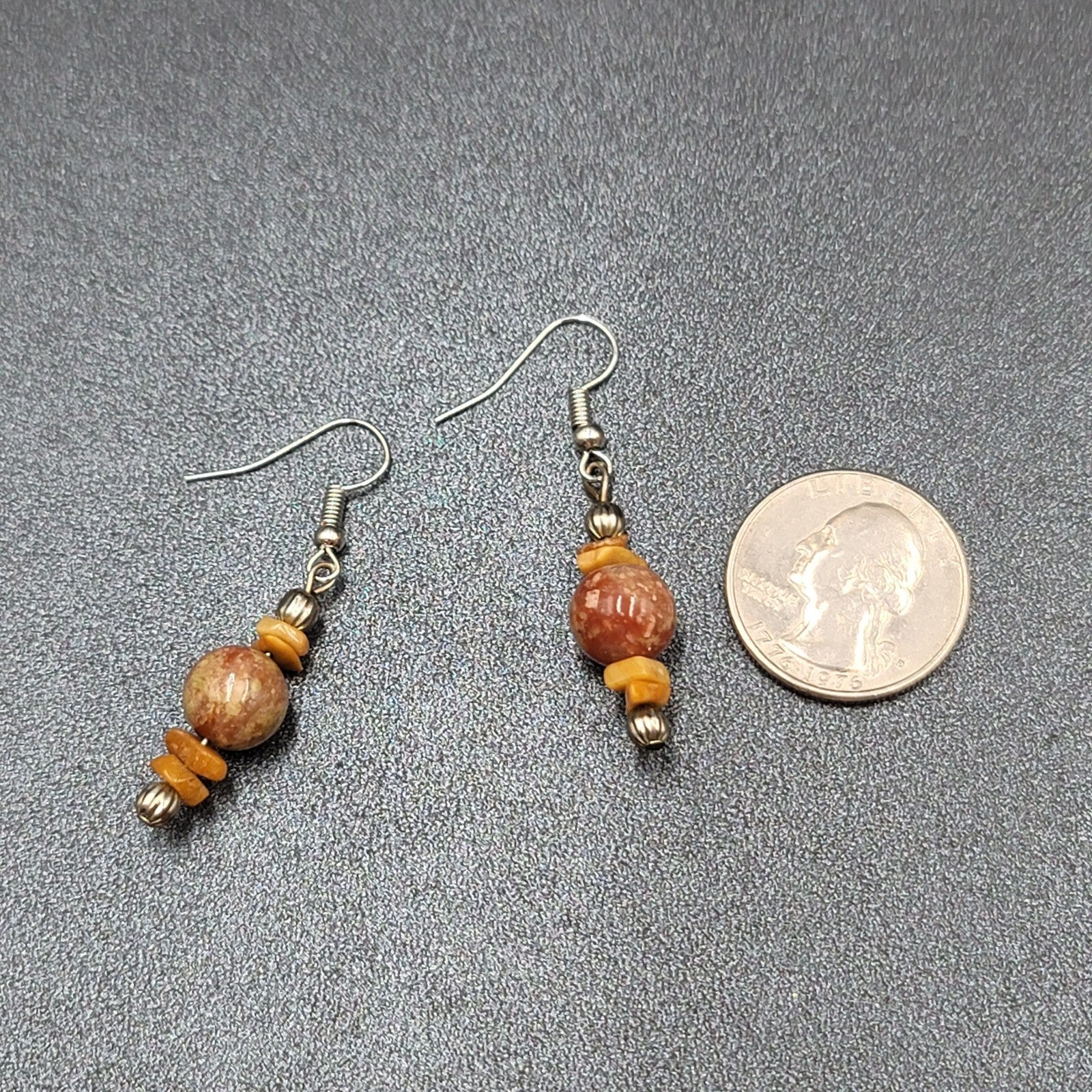 Pierced Earrings Silver tone Jasper Stone Beaded Dangle 1.25"