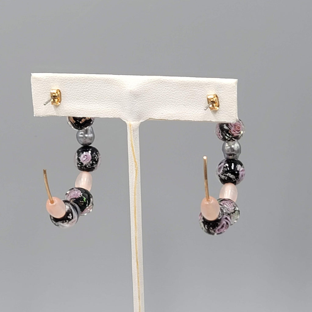 Hoops Black Pink Roses Art Glass Beads Pierced Earrings 1.75 in
