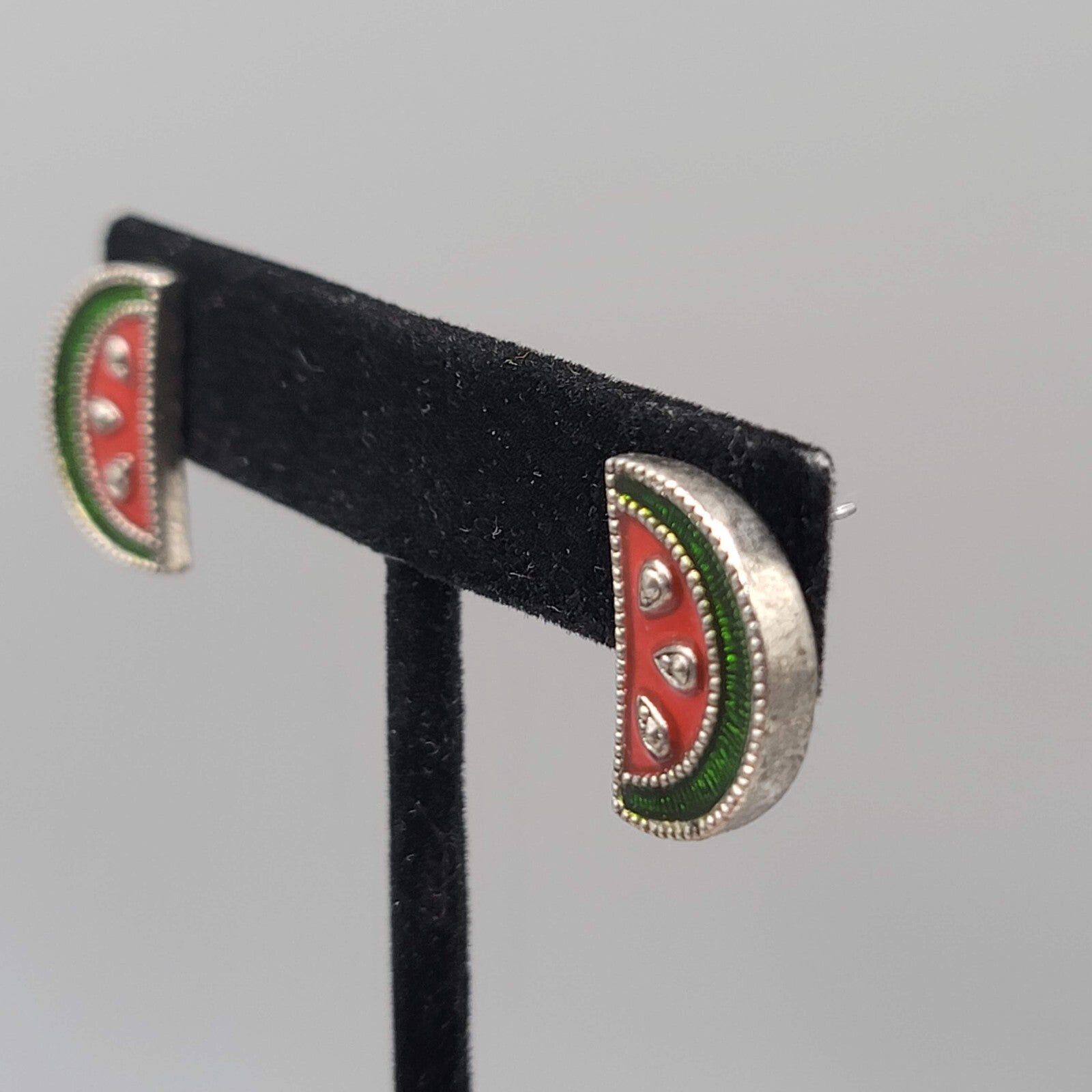 Avon Watermelon Pierced Earrings Enamel Silver tone Drop 3/4"