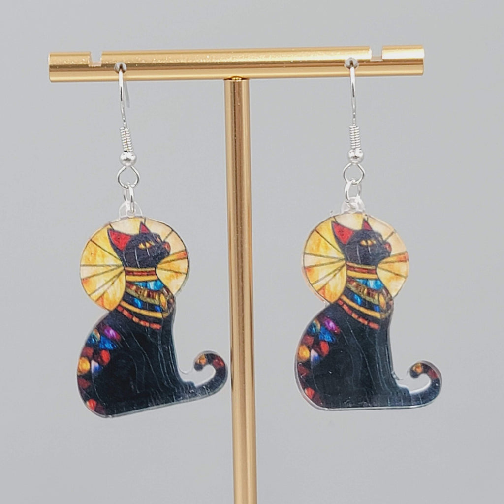 Egyptian Kitty Cat Sun Ray Pierced Earrings Stained Glass Look Acrylic 1.5"