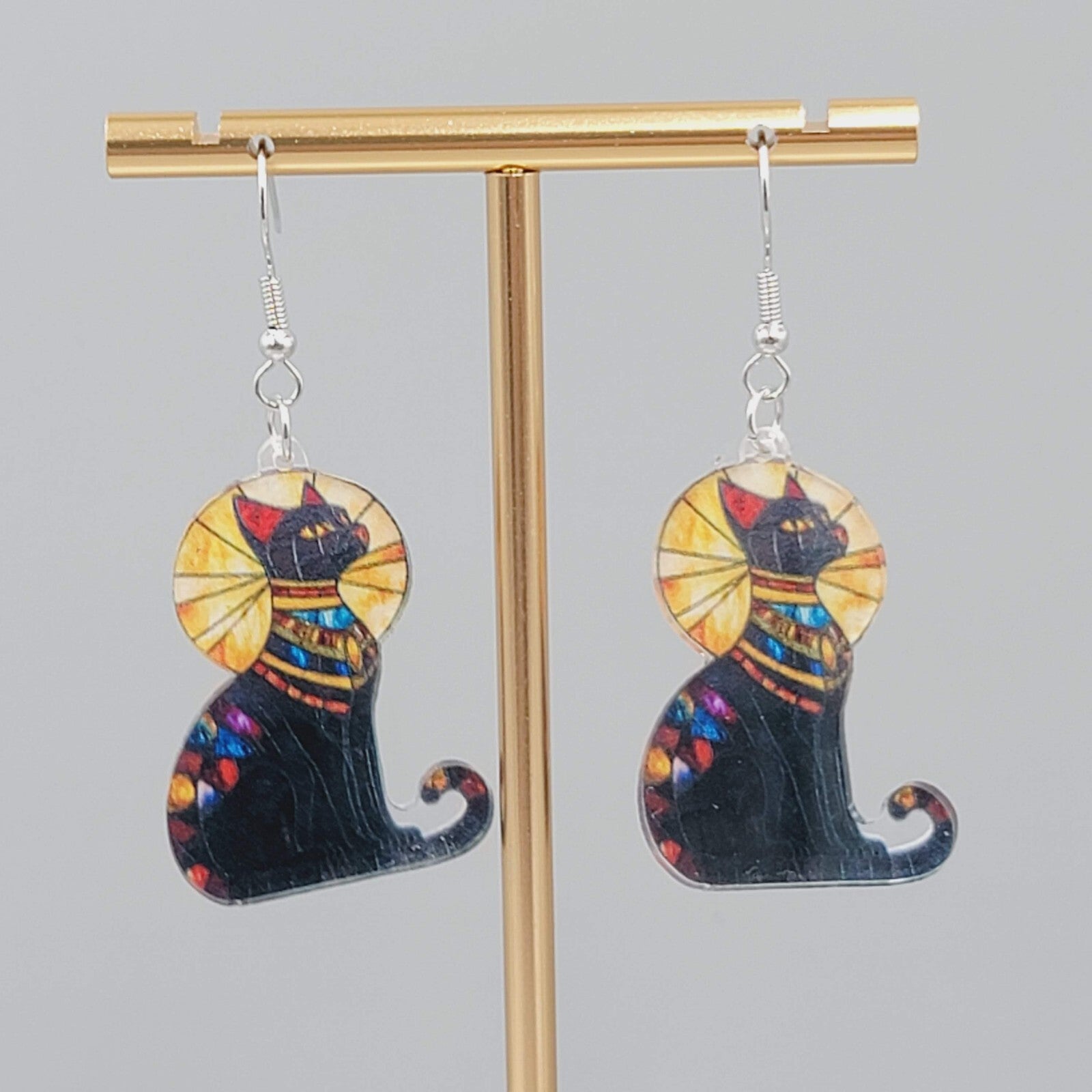 Egyptian Kitty Cat Sun Ray Pierced Earrings Stained Glass Look Acrylic 1.5"