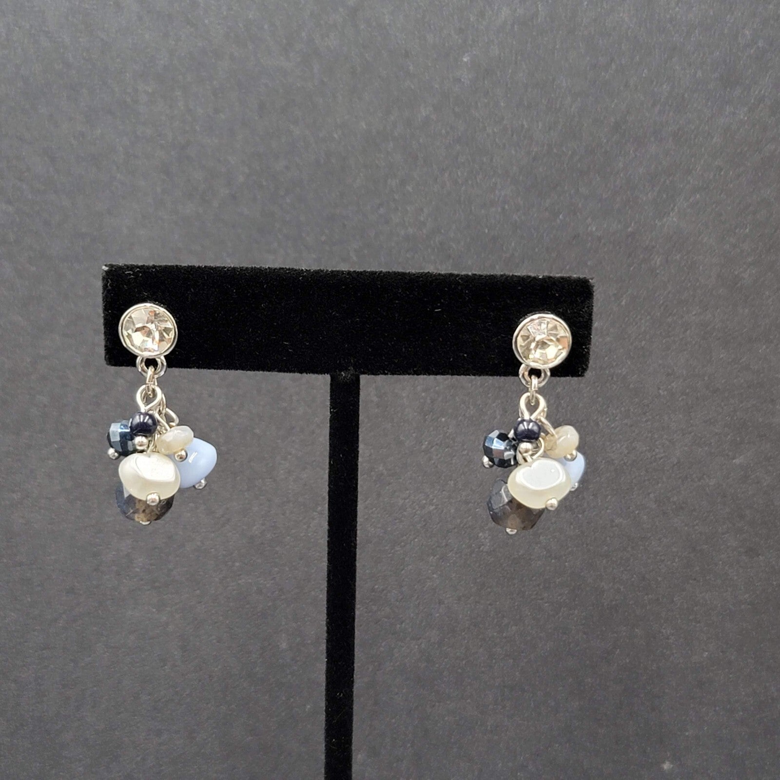 Pierced Earrings Silver tone Crystal Glass Pearl Beads Blues Dangle 1.25"