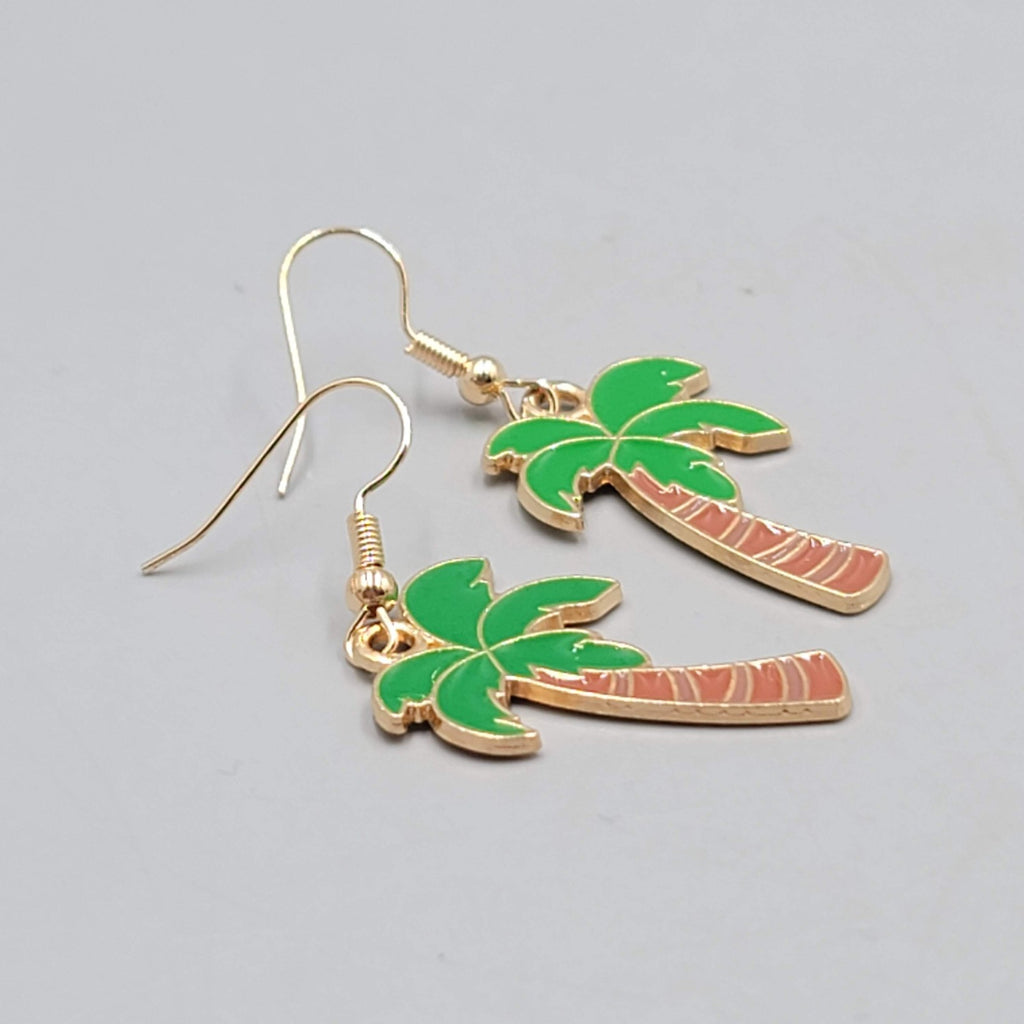 Enamel Palm Tree Pierced Earrings Island Vacation Gold tone Dangle 1 1/8"