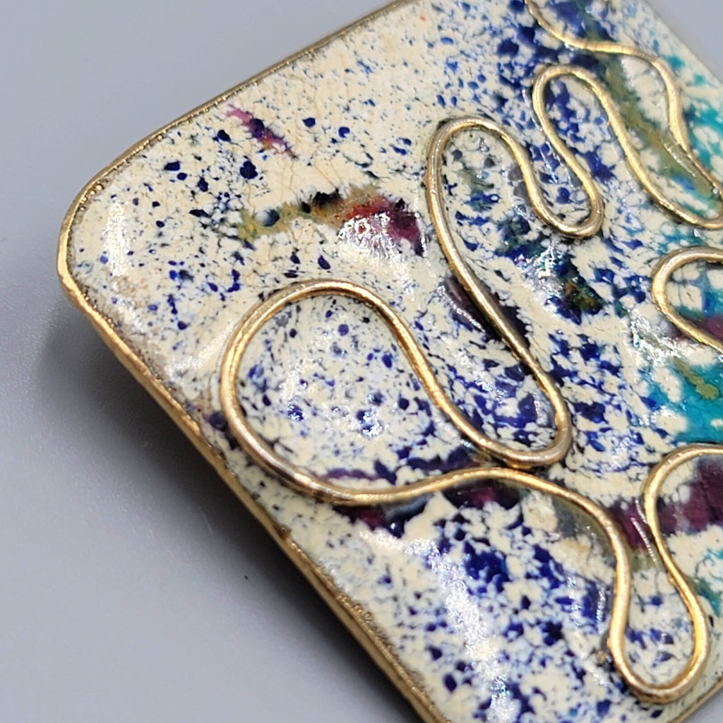 Vintage Brooch Enamel Gold tone Rectangle 2"x1.75" Estate Costume Jewelry