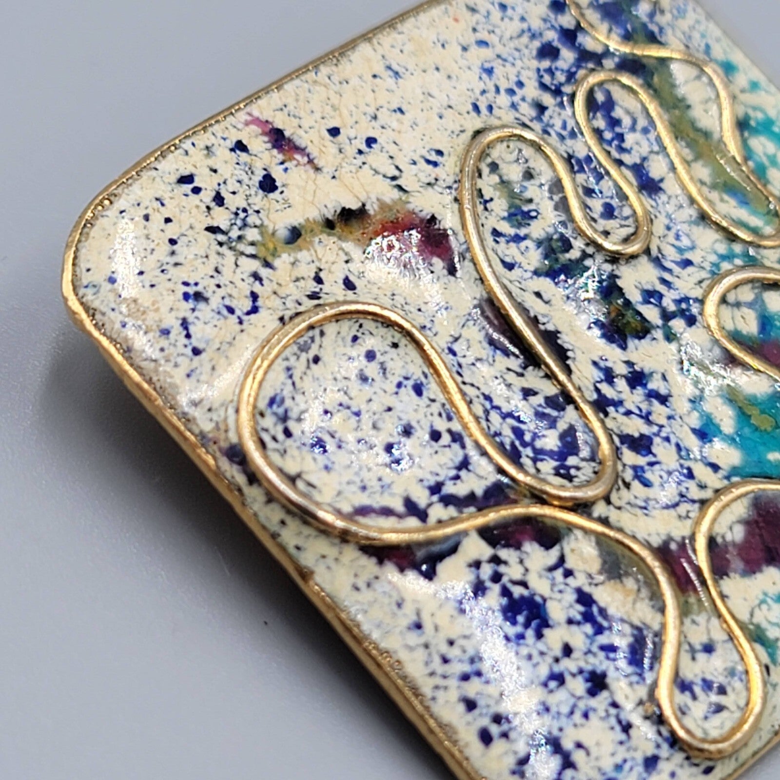 Vintage Brooch Enamel Gold tone Rectangle 2"x1.75" Estate Costume Jewelry