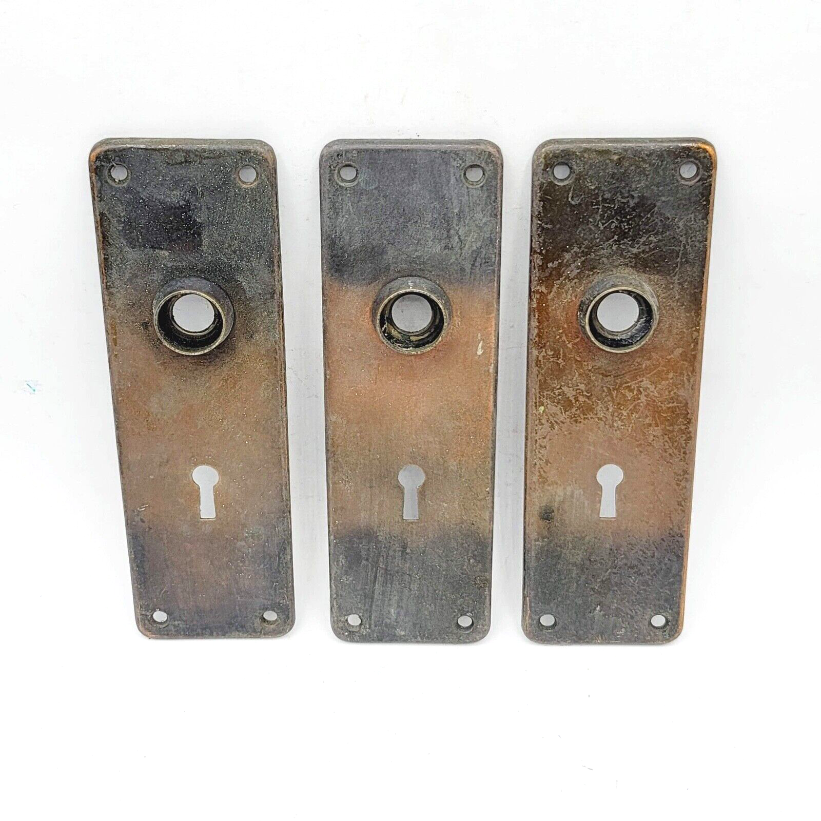 Lot of 3 Vintage Steel Doorknob Back Plate 6 1/2" x 2" holes 2 3/8"