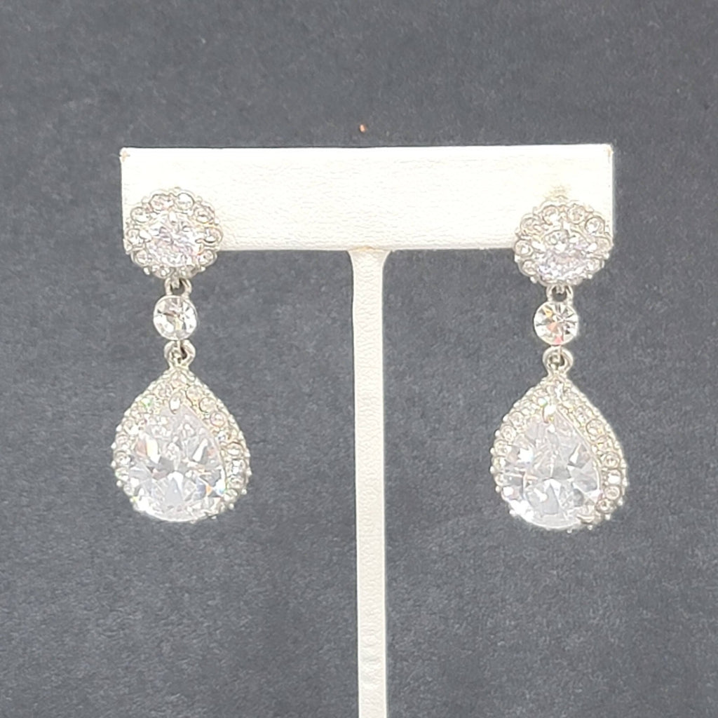 Pierced Earrings Silver tone Large Rhinestone Signed Wedding Prom Well Made 2"