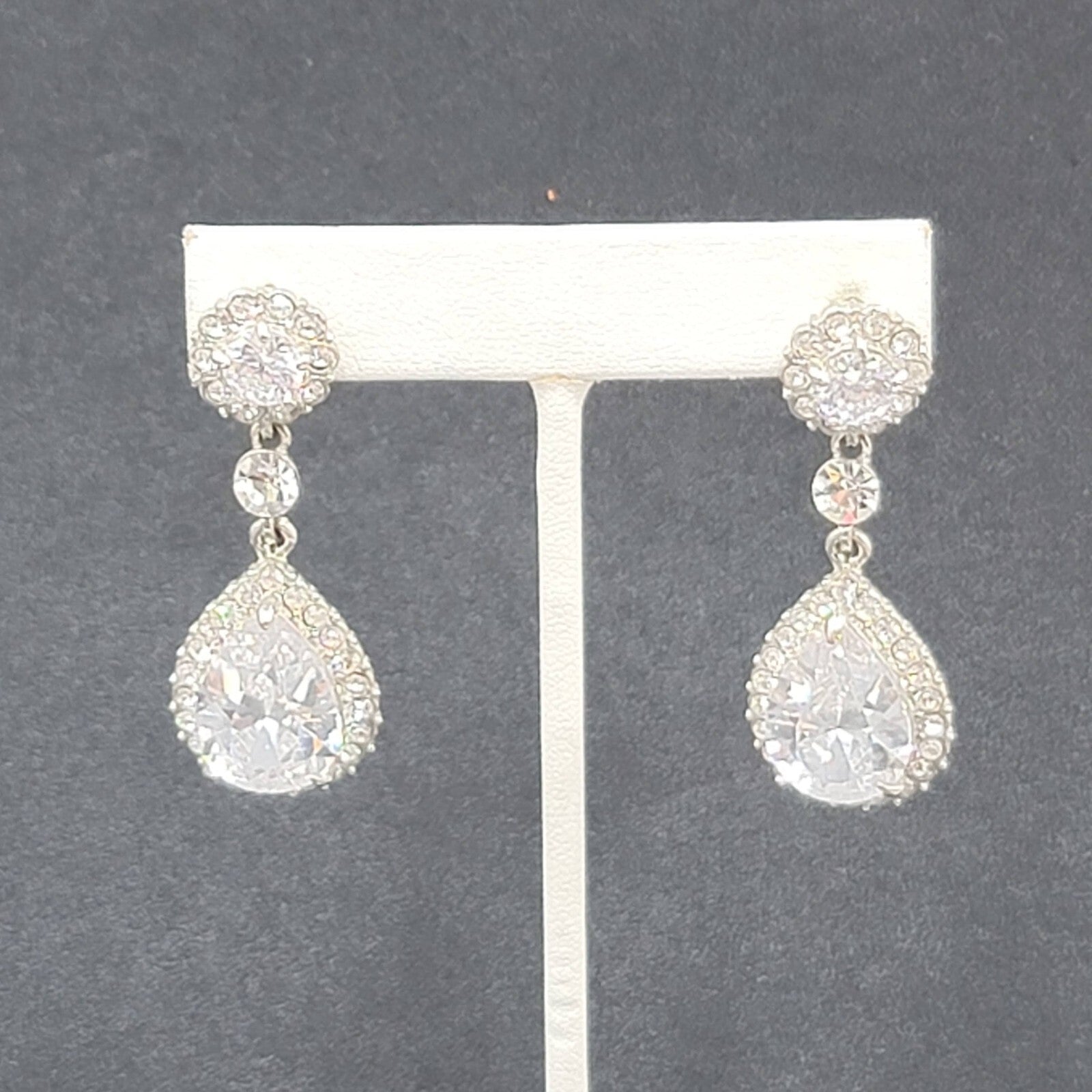 Pierced Earrings Silver tone Large Rhinestone Signed Wedding Prom Well Made 2"