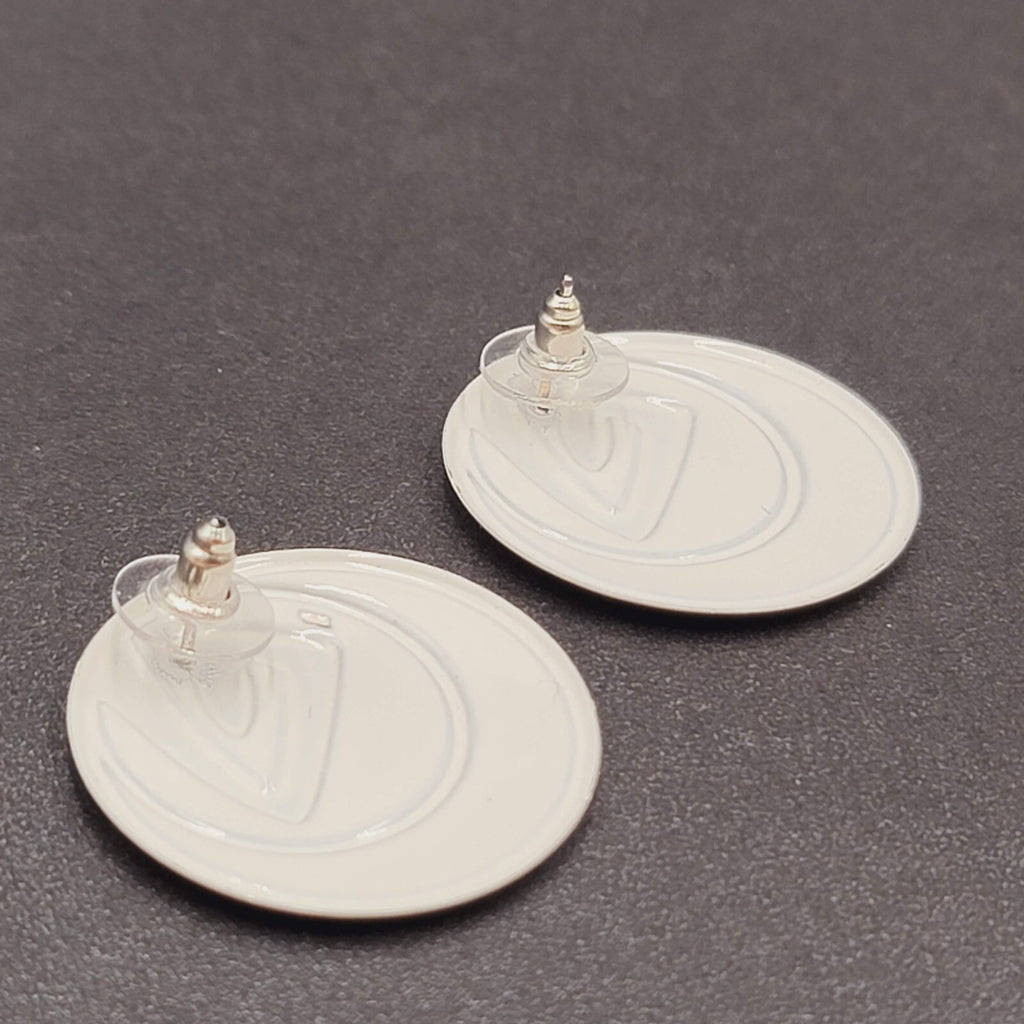 Vintage Pierced Earrings Peach White Enamel over Metal Round Drop 1.25"