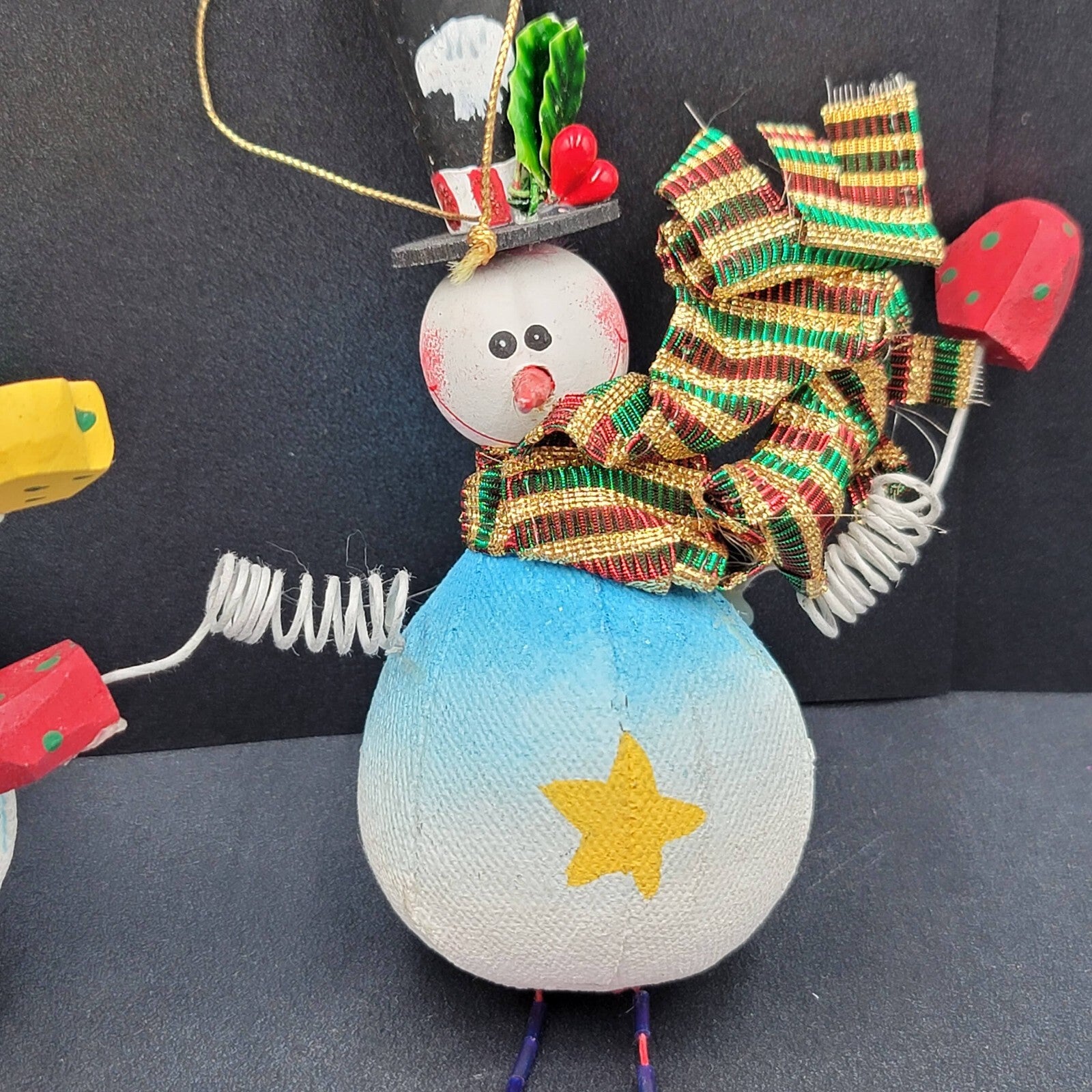Christmas Snowman Ornament Lot of 2 Hand Painted Wood Canvas Beaded LONG 12"