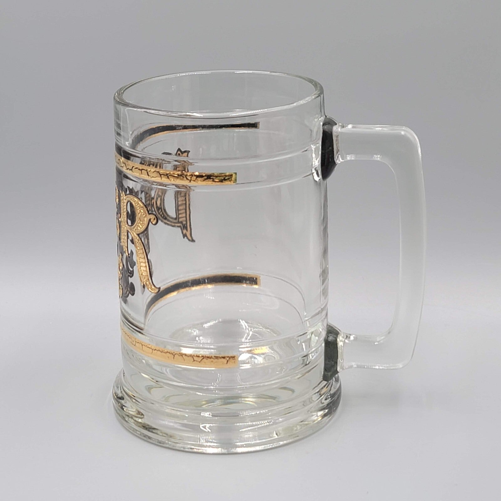 Vintage Glass Beer Mug Five Cent Gold Trim Tavern Barware