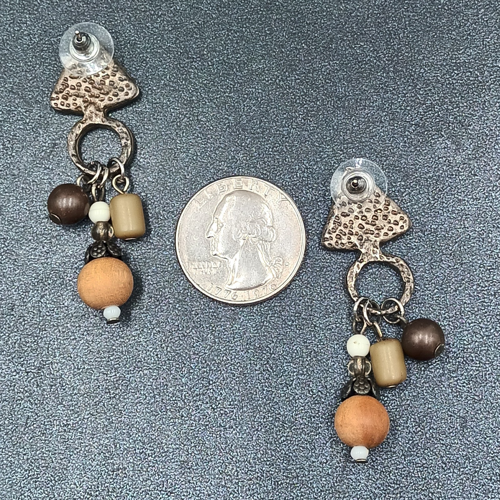 Boho Pierced Earrings Silver tone Wood Bead Dangle 2.25"