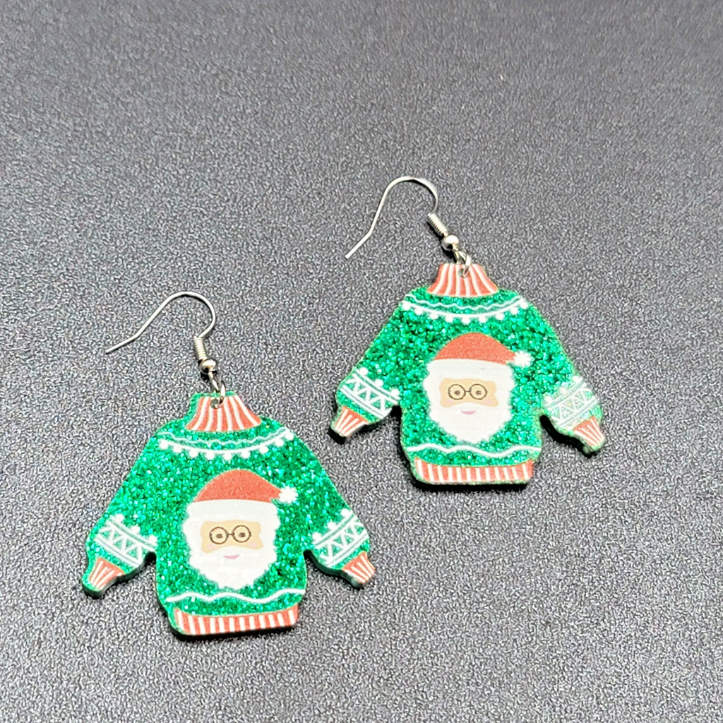 New Pierced Earrings Ugly Christmas Sweater Green Santa Claus Dangle 1.5"