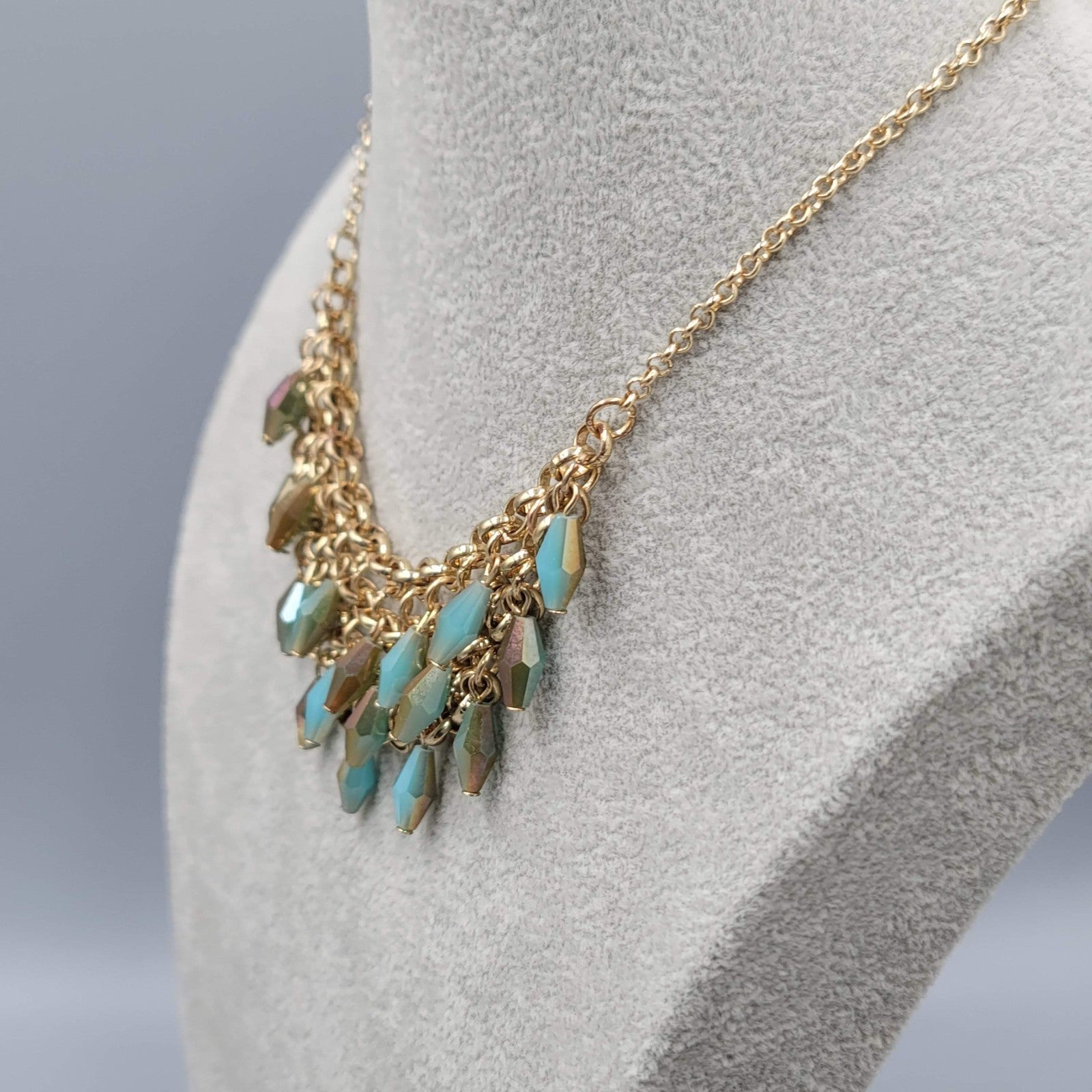 Lauren Conrad Multicolor Blue Brown Iridescent Beads Necklace Gold tone 14"-18"