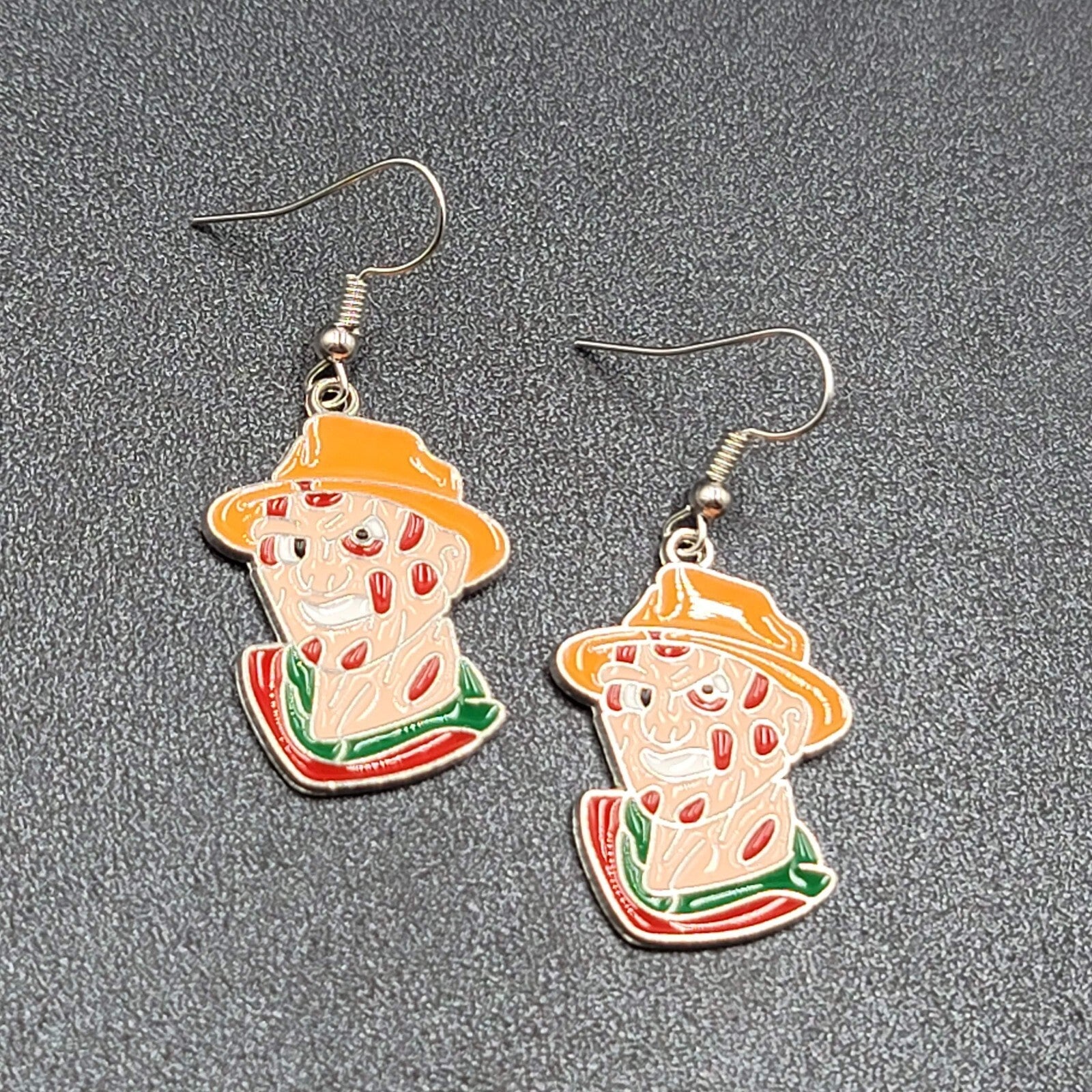 Freddy Krueger Pierced Earrings Enamel Silver tone Horror Movie Dangle 1.25" FS