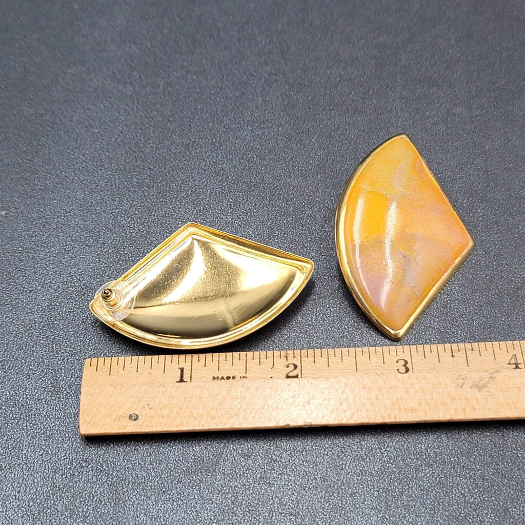 Vintage Pierced Earrings Yellow Enamel Gold tone Large Statement 1980s 2"