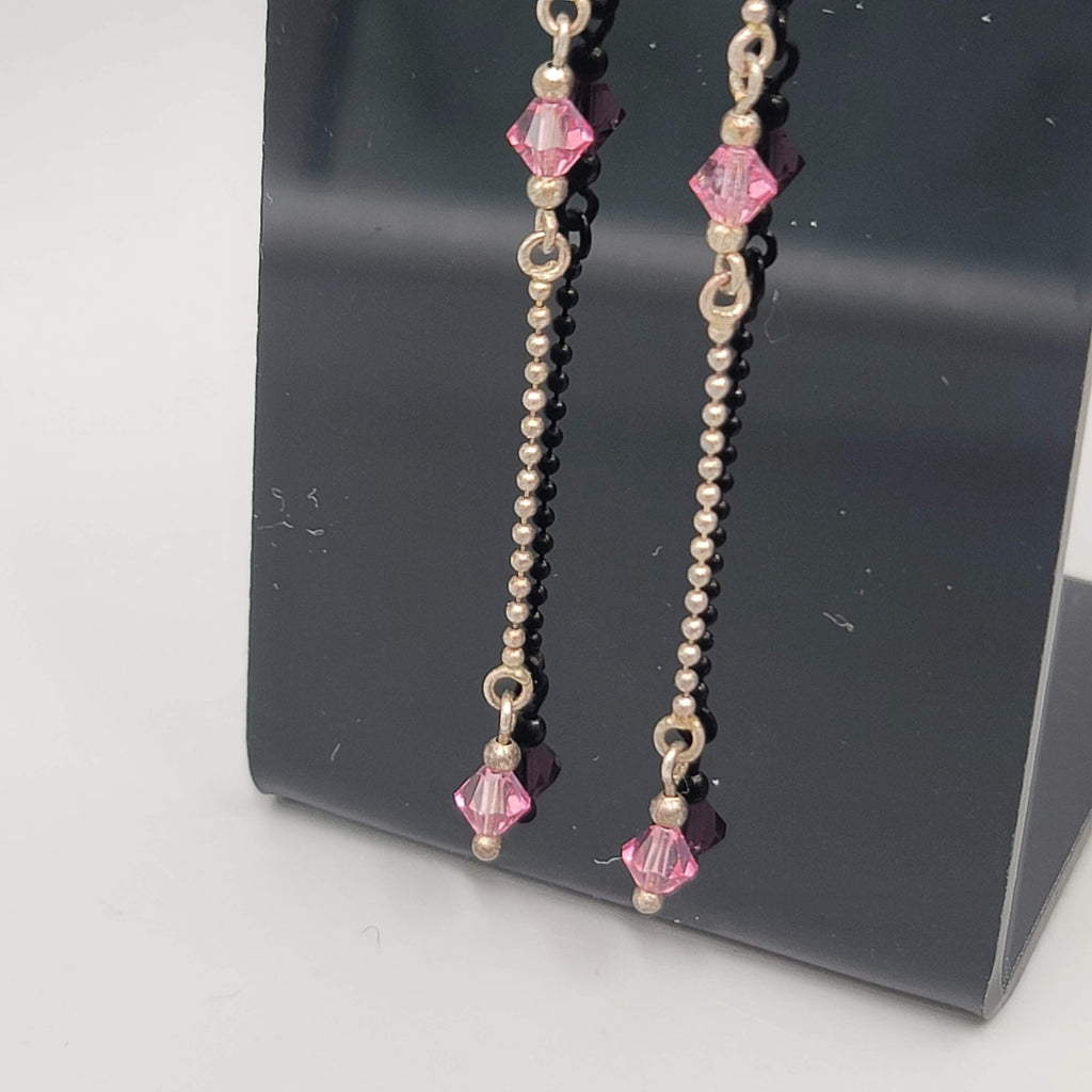 Long Pink Crystal Pierced Earrings Silver tone Dangle  3"