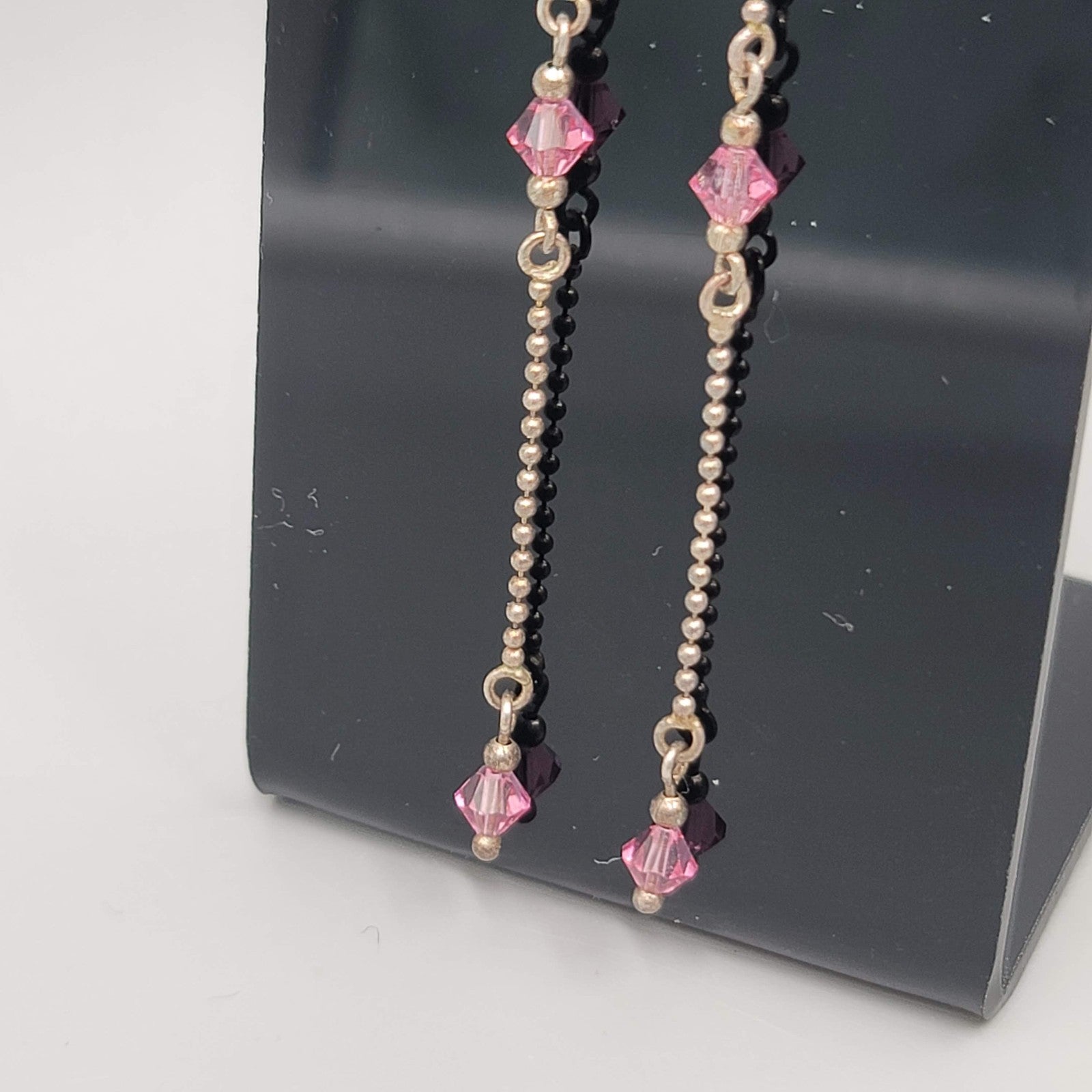 Long Pink Crystal Pierced Earrings Silver tone Dangle  3"