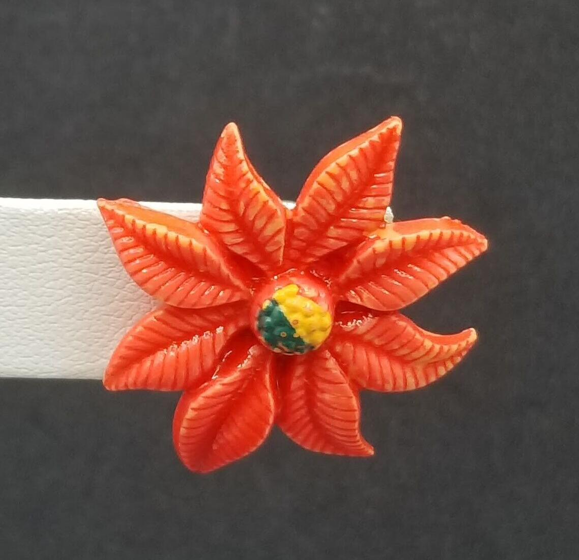 Vintage Clip On Red Acrylic Poinsettia Christmas Stud 1 1/8"