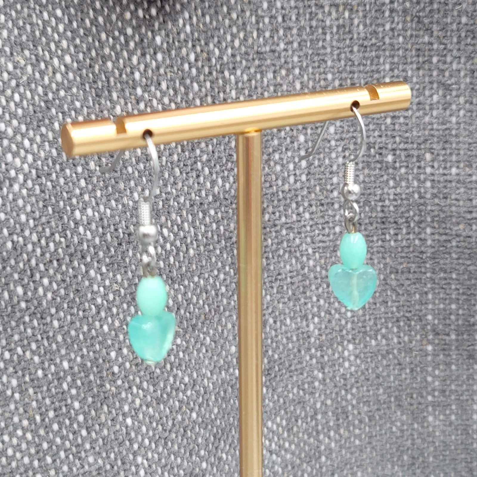 Aventurine Heart Bead Pierced Earrings Silver tone Dangle Dainty 5/8 in