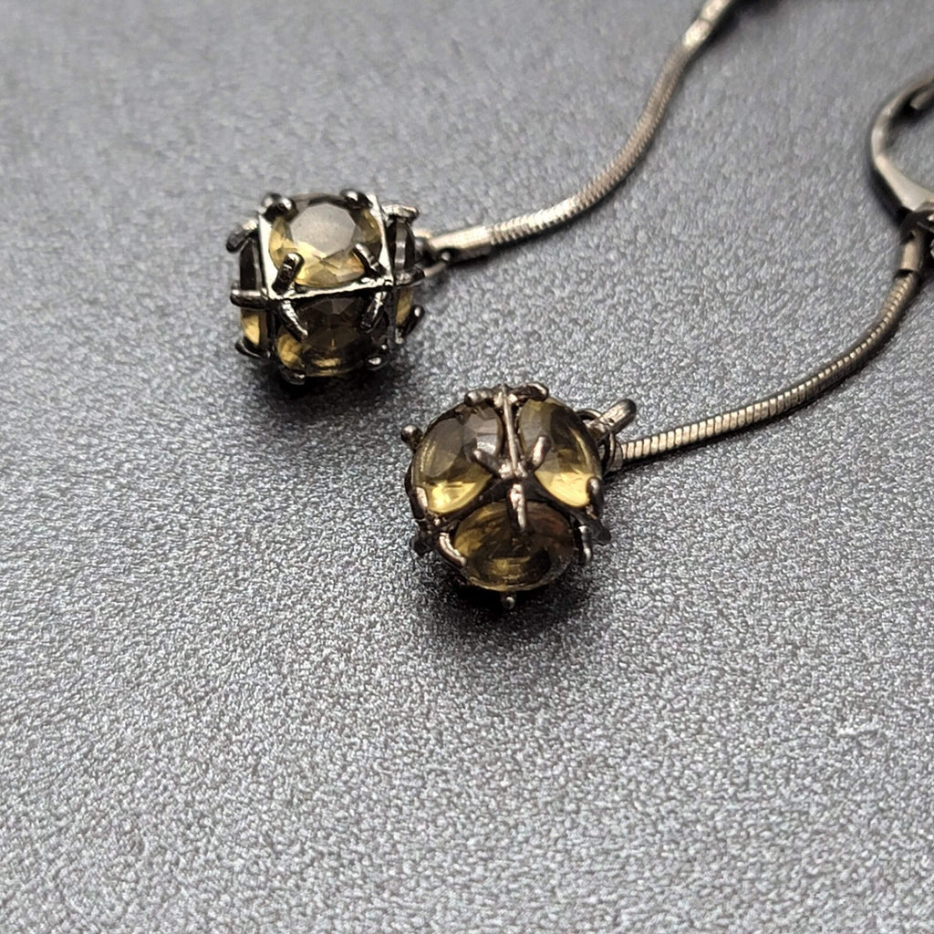 Pierced Earrings Black Metal Green Stone Sphere Dangle Chain 1.75"