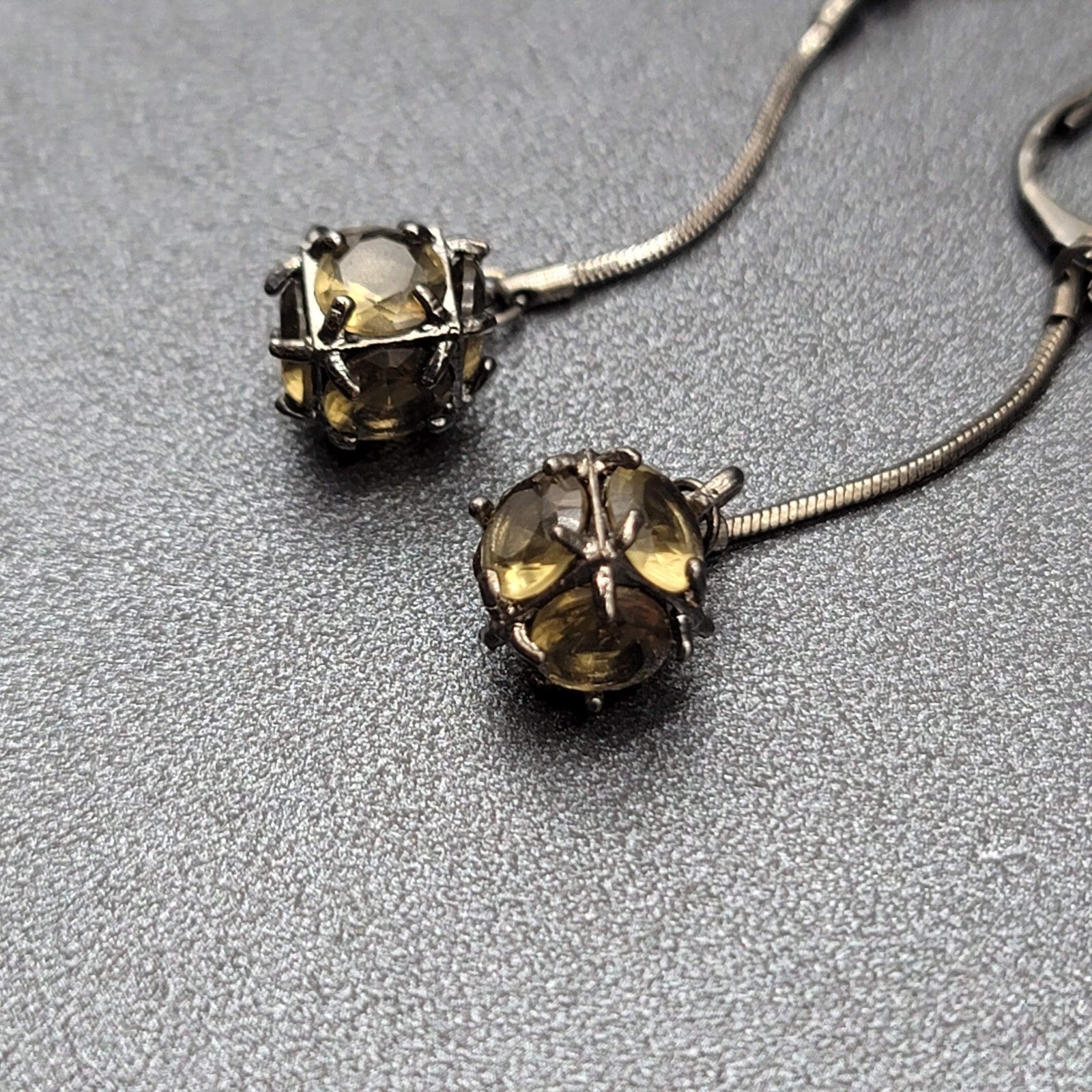 Pierced Earrings Black Metal Green Stone Sphere Dangle Chain 1.75"