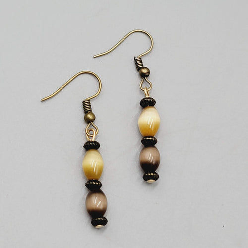 Cats Eye Brown Bead Pierced Earrings Bronze tone Dangle 1"