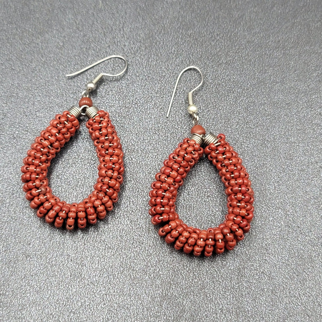 Pierced Earrings Brown Seed Bead Teardrop Hoops Dangle Silver tone 1.5"