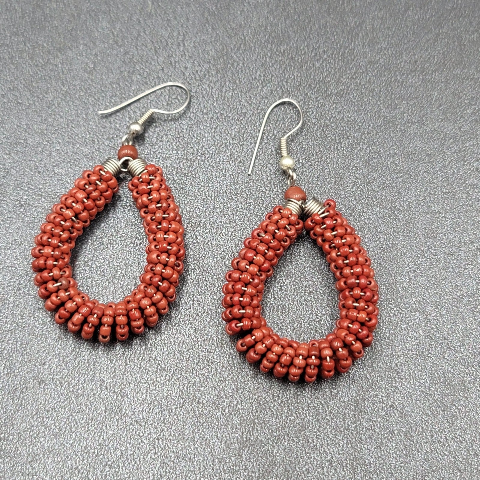 Pierced Earrings Brown Seed Bead Teardrop Hoops Dangle Silver tone 1.5"