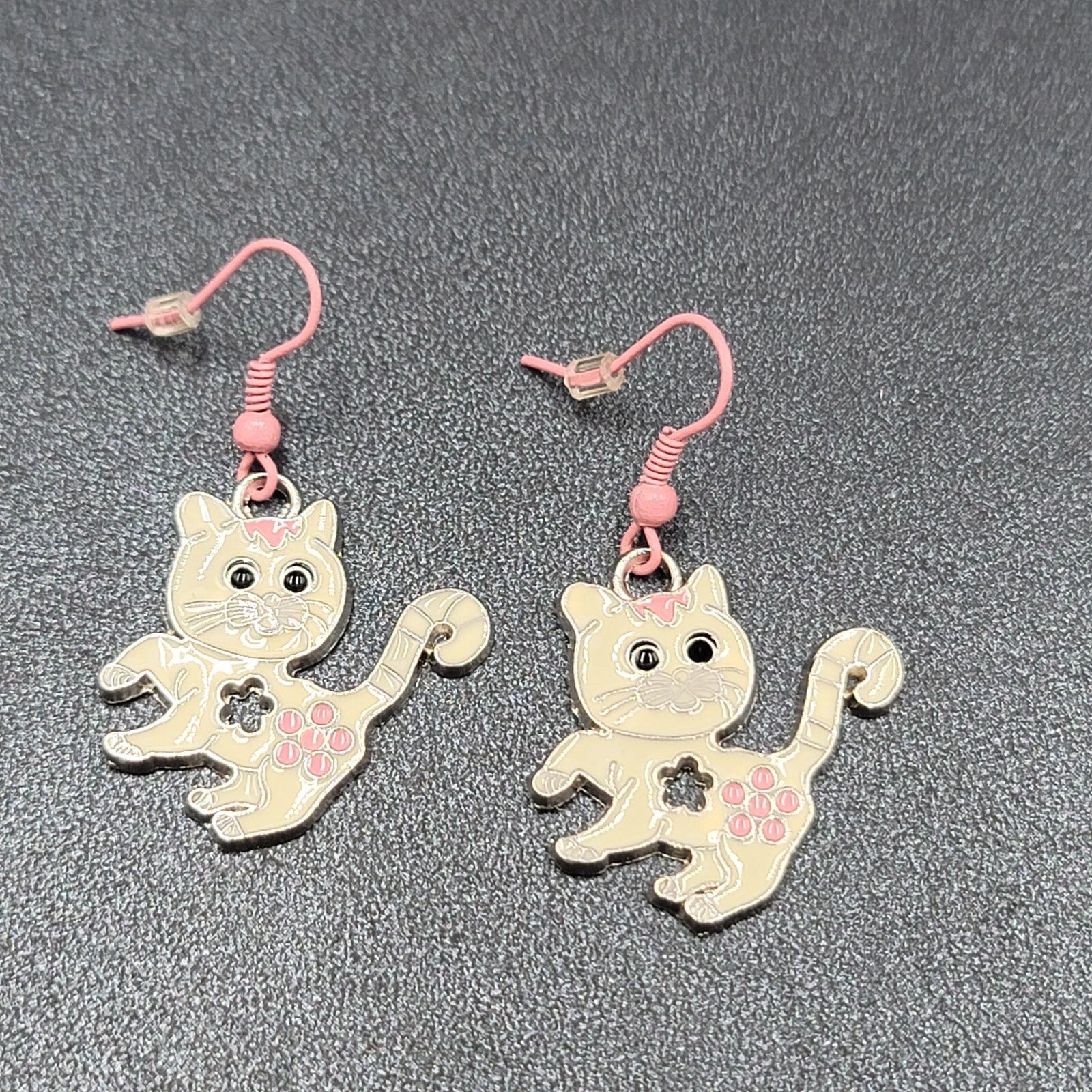 Pierced Earrings Pink White Enamel Kitty Cat Dangle Silver tone  1 1/8"