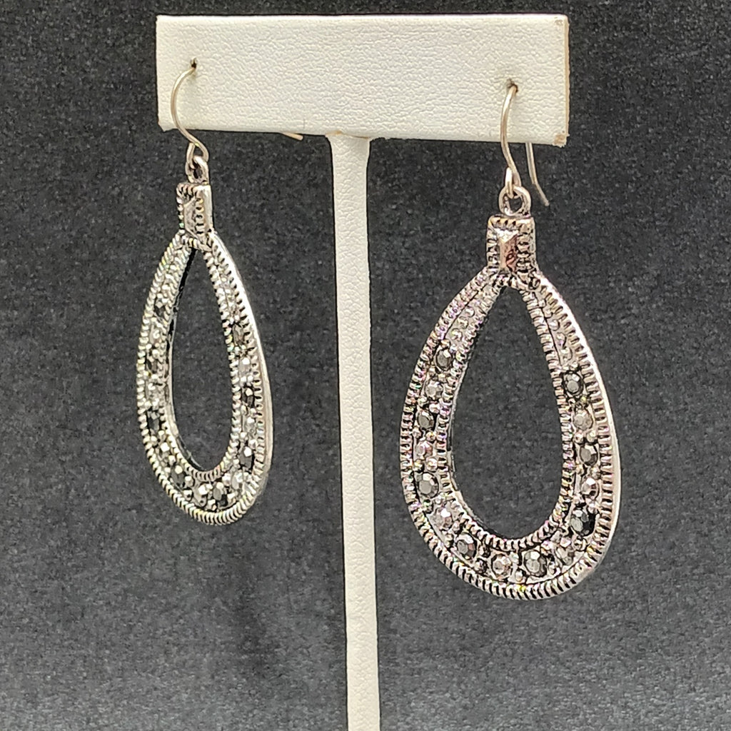 Pierced Earrings Textured Silver tone Open Teardrop Statement Dangle 1 7/8"