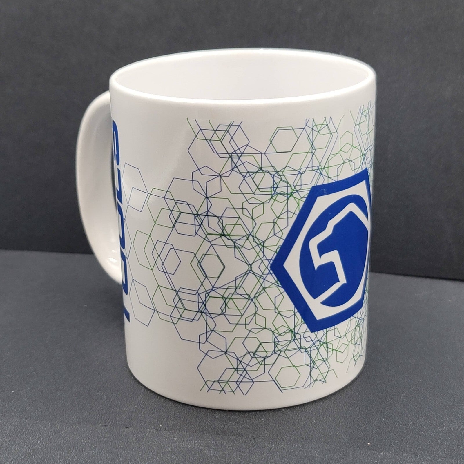 Matco Tools Vintage Ceramic Coffee Mug Cup White Blue Green Hex Design