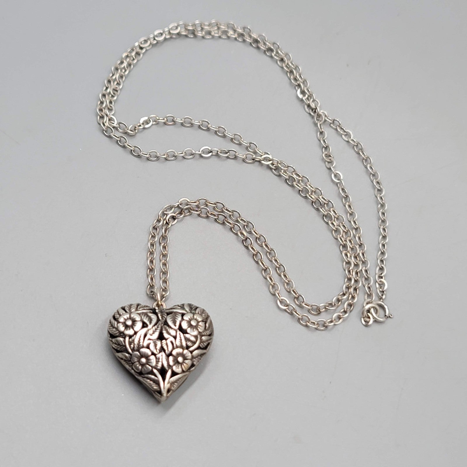 Sterling Silver Necklace Flower Embossed Puffy Heart Pendant Long Chain 30 in