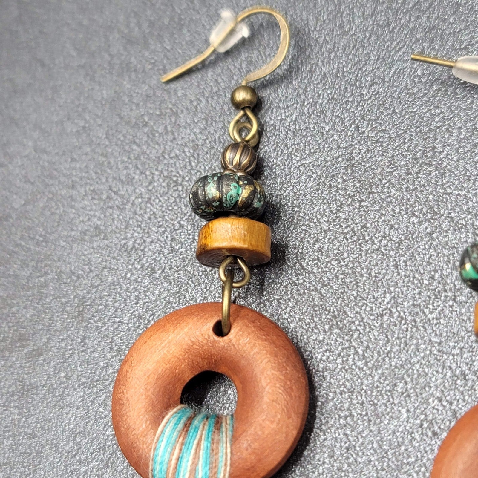 New Boho Pierced Earrings Wood Ring Blue White Tassel Beaded Dangle 2.75"
