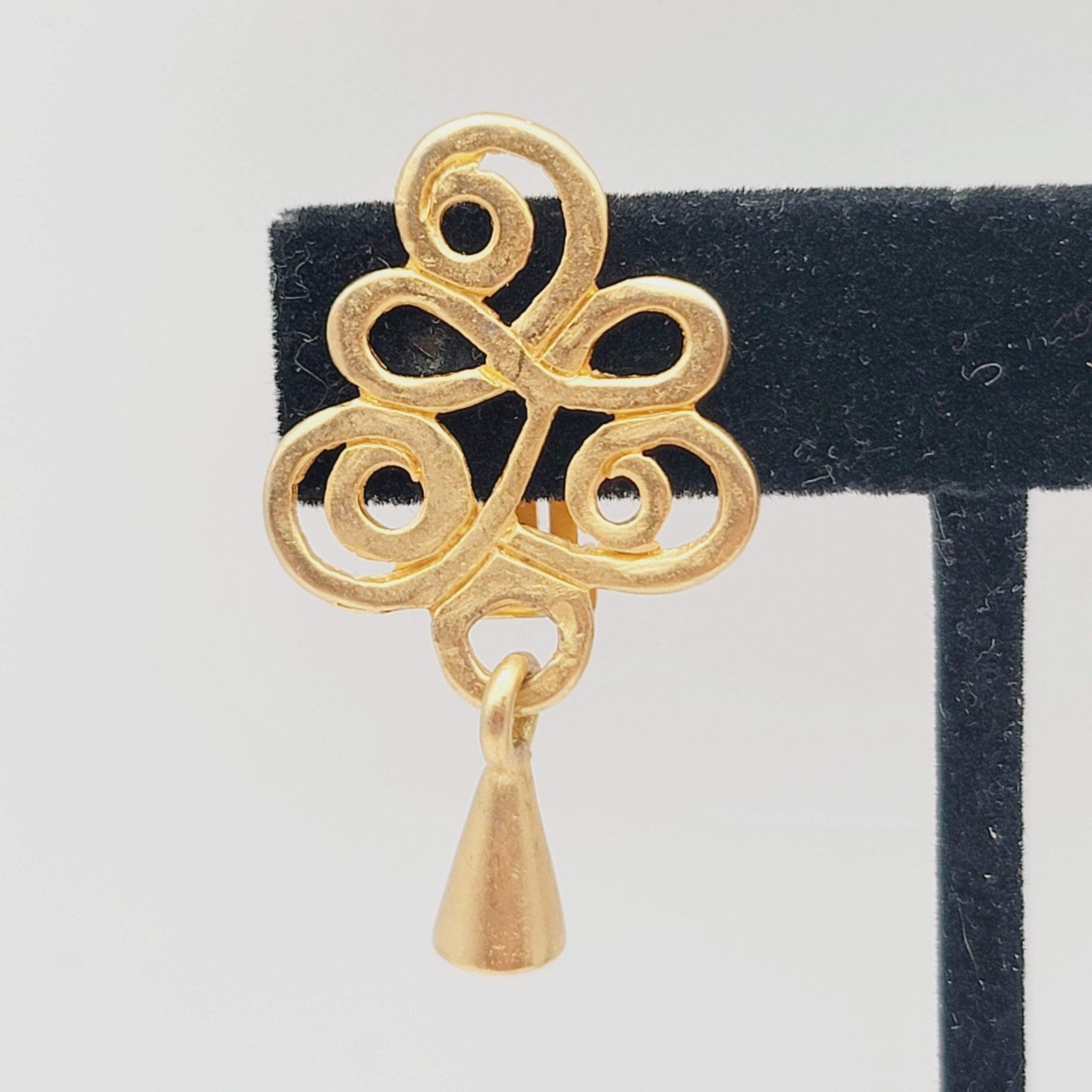 Vintage Open Work Clip on Earrings Matte Gold Plated Dangle 1.5 in