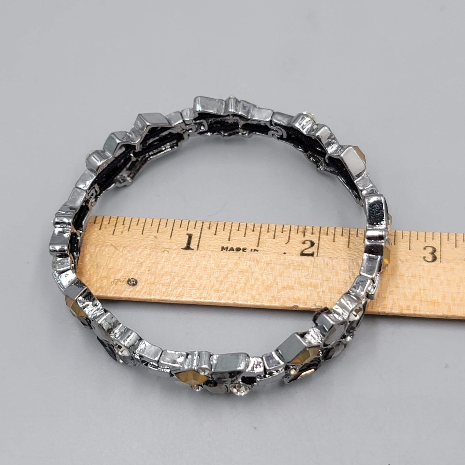 Black Yellow Rhinestone Bracelet Gun Metal Gray Metal Elastic 7"