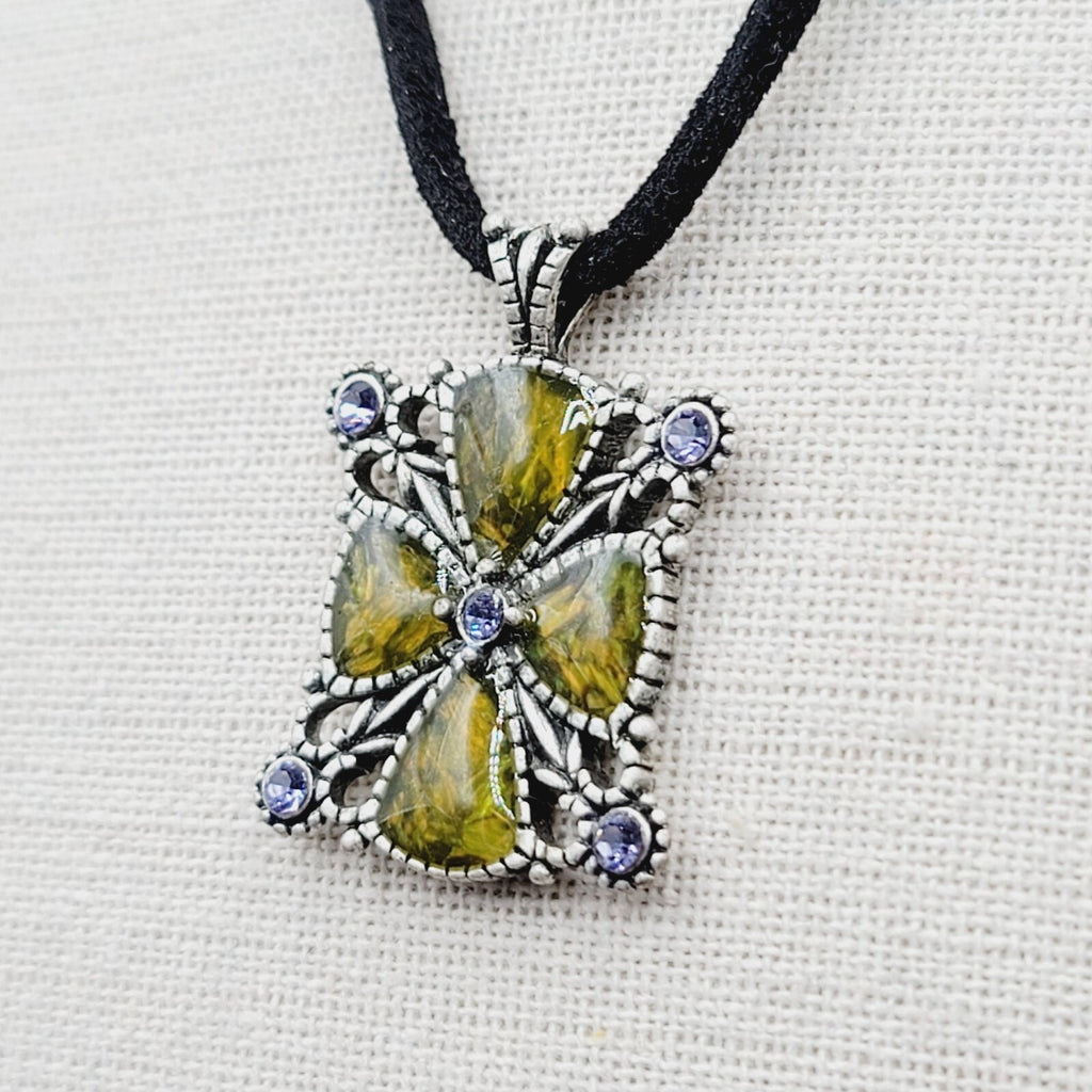 Lia Sophia Pendant Necklace Silver tone Crystal Suede Leather Cord 16"-19"