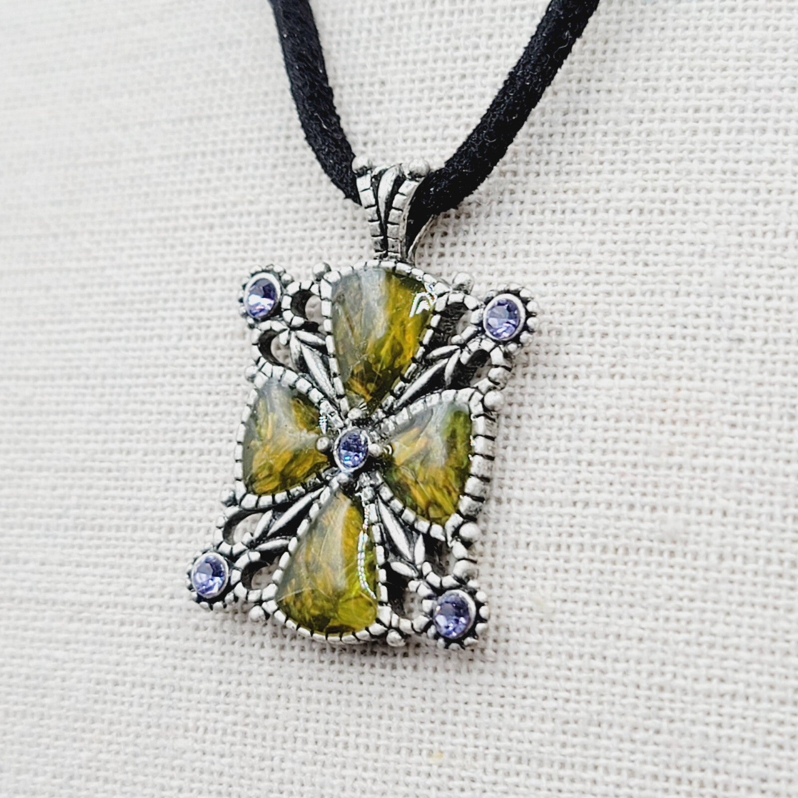 Lia Sophia Pendant Necklace Silver tone Crystal Suede Leather Cord 16"-19"