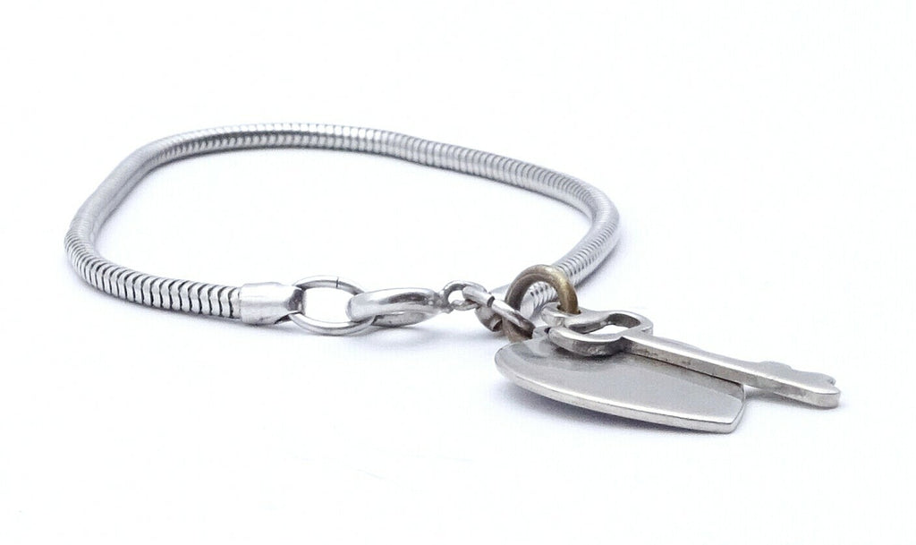 Vintage Silver tone Snake Chain Bracelet With Heart and Key 7 in