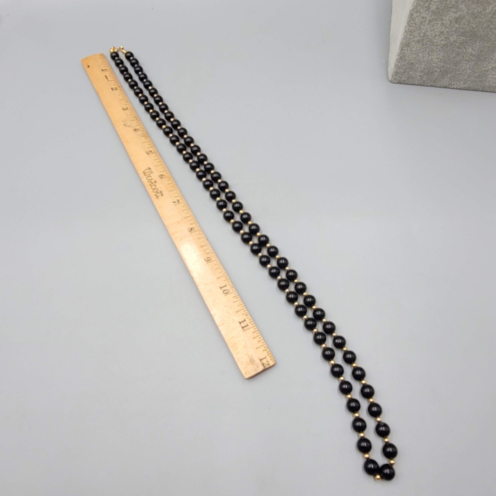 Vintage Monet Necklace Nlack Bead Gold tone Long 28 in