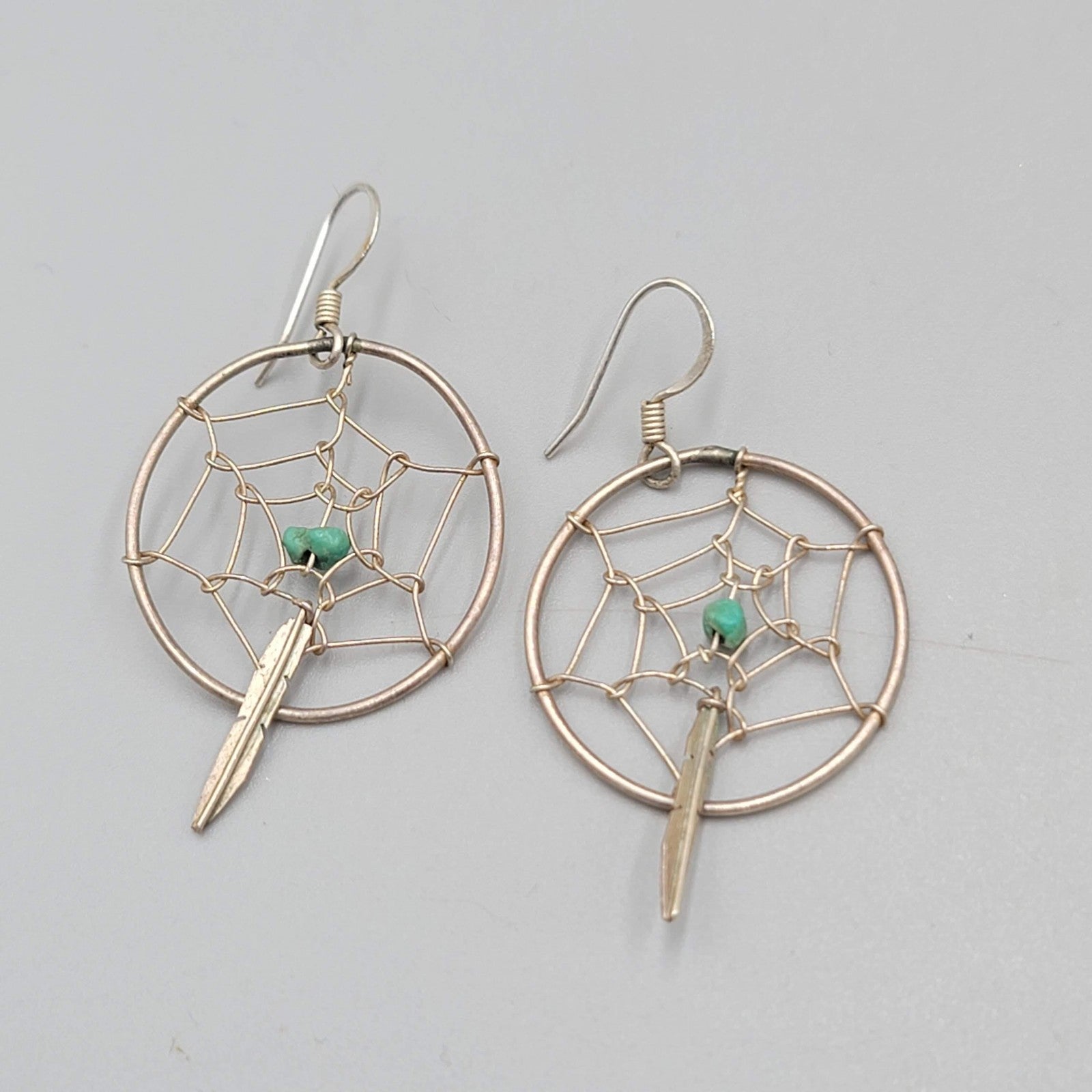 Vintage Silver tone Dreamcatcher Earrings Turquoise Feather Dangle 1.25"