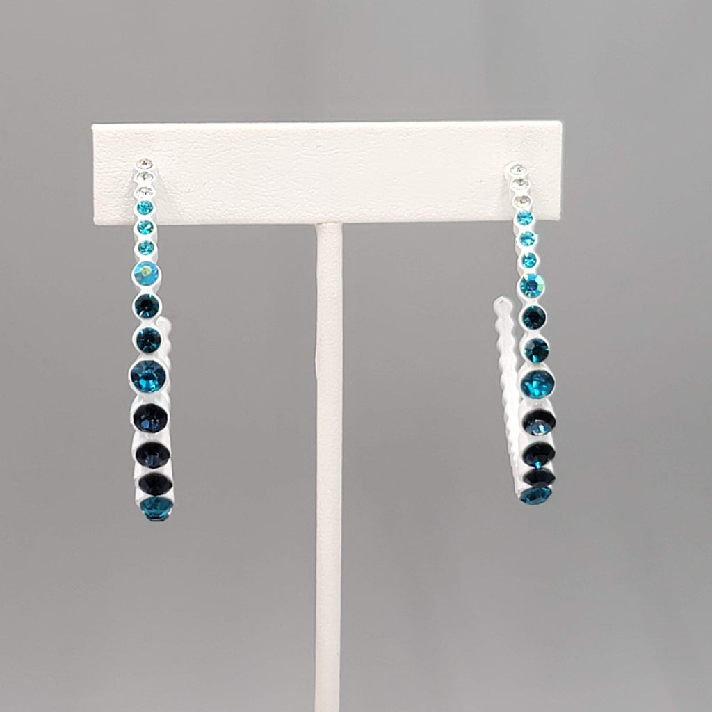 White Enamel Pierced Earrings Blue Ombre Rhinestone Large 2"