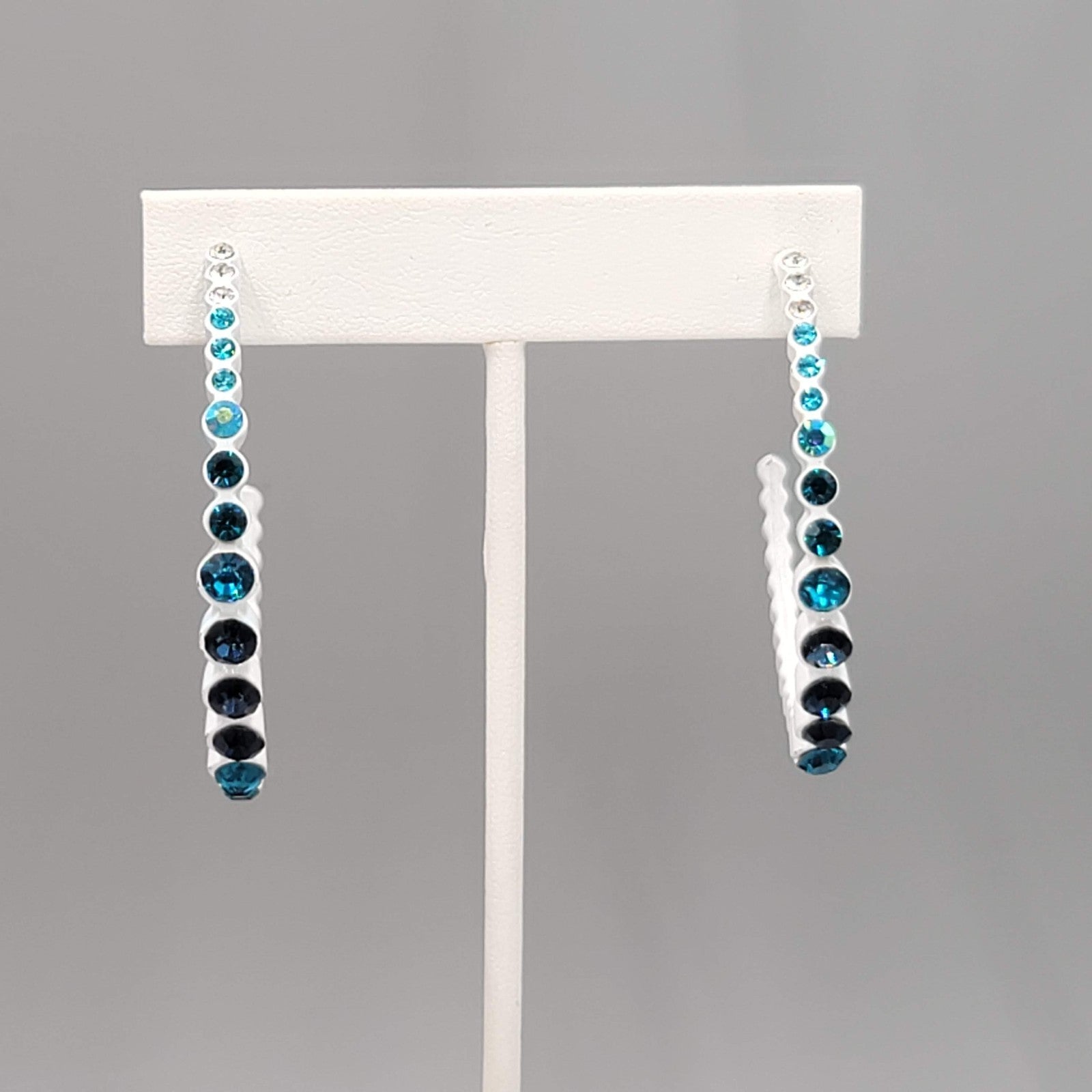 White Enamel Pierced Earrings Blue Ombre Rhinestone Large 2"