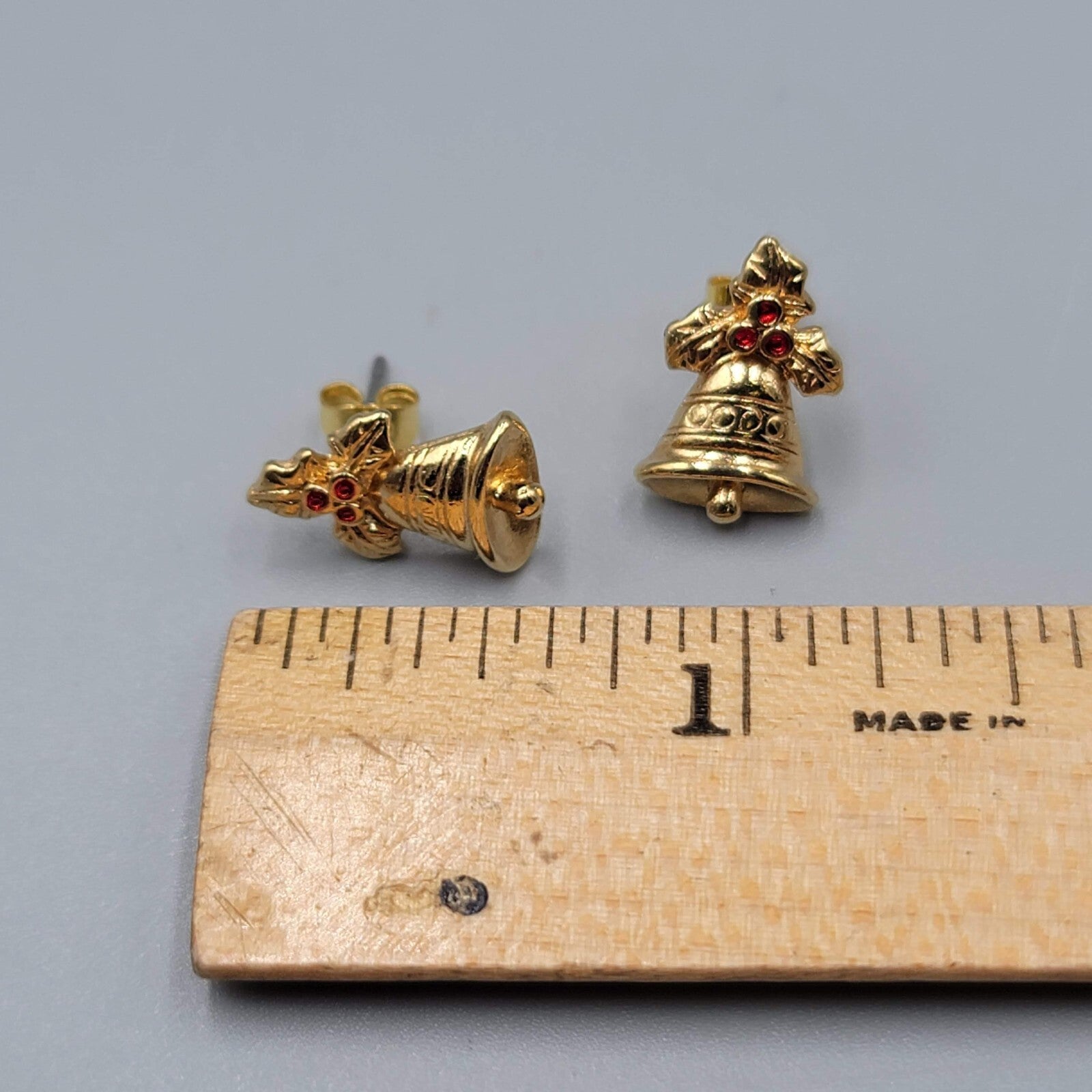 Vintage Christmas Bells Pierced Earrings Gold tone Red Rhinestone Studs 1/2"