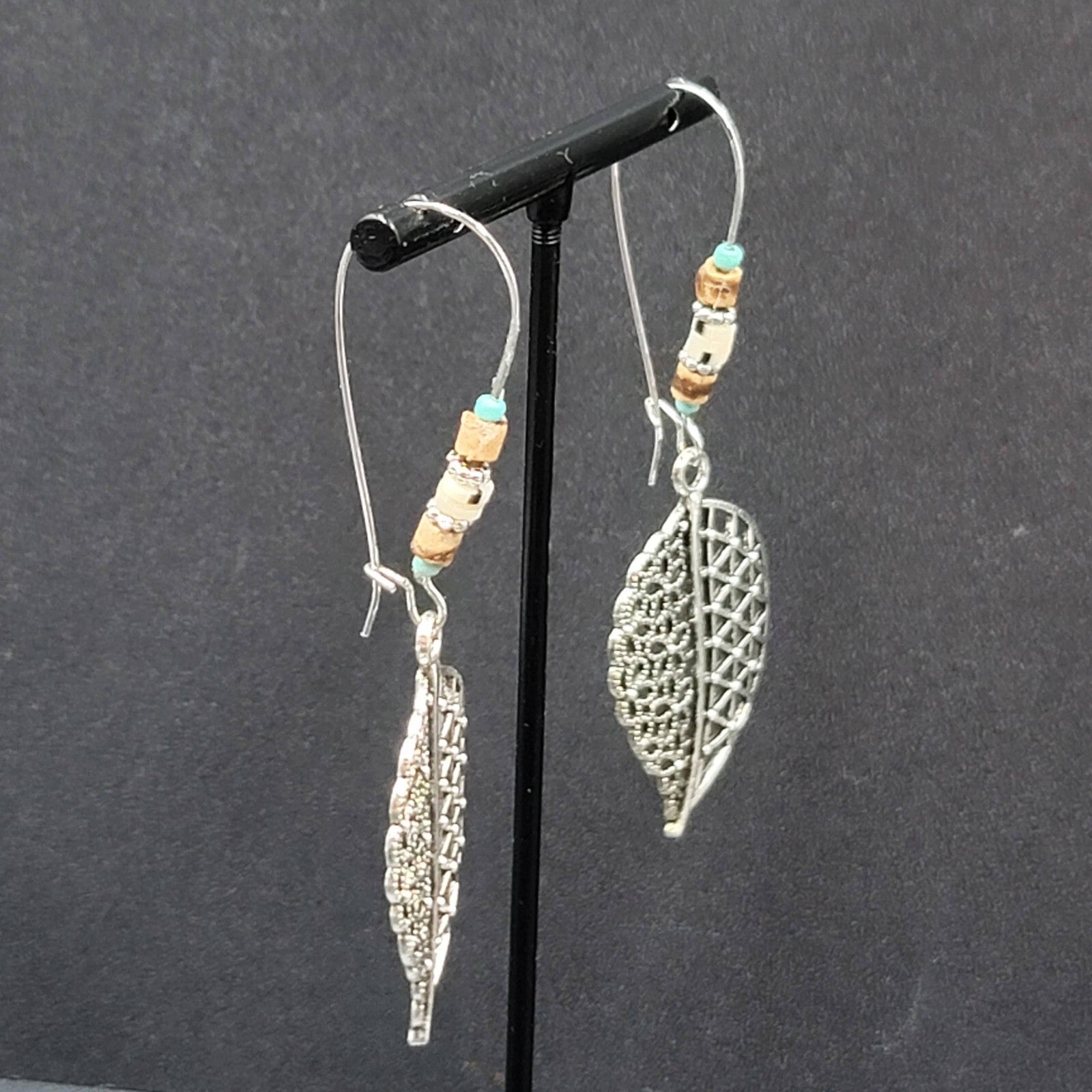 New Boho Pierced Earrings Open Work Leaf Beaded Long 3"