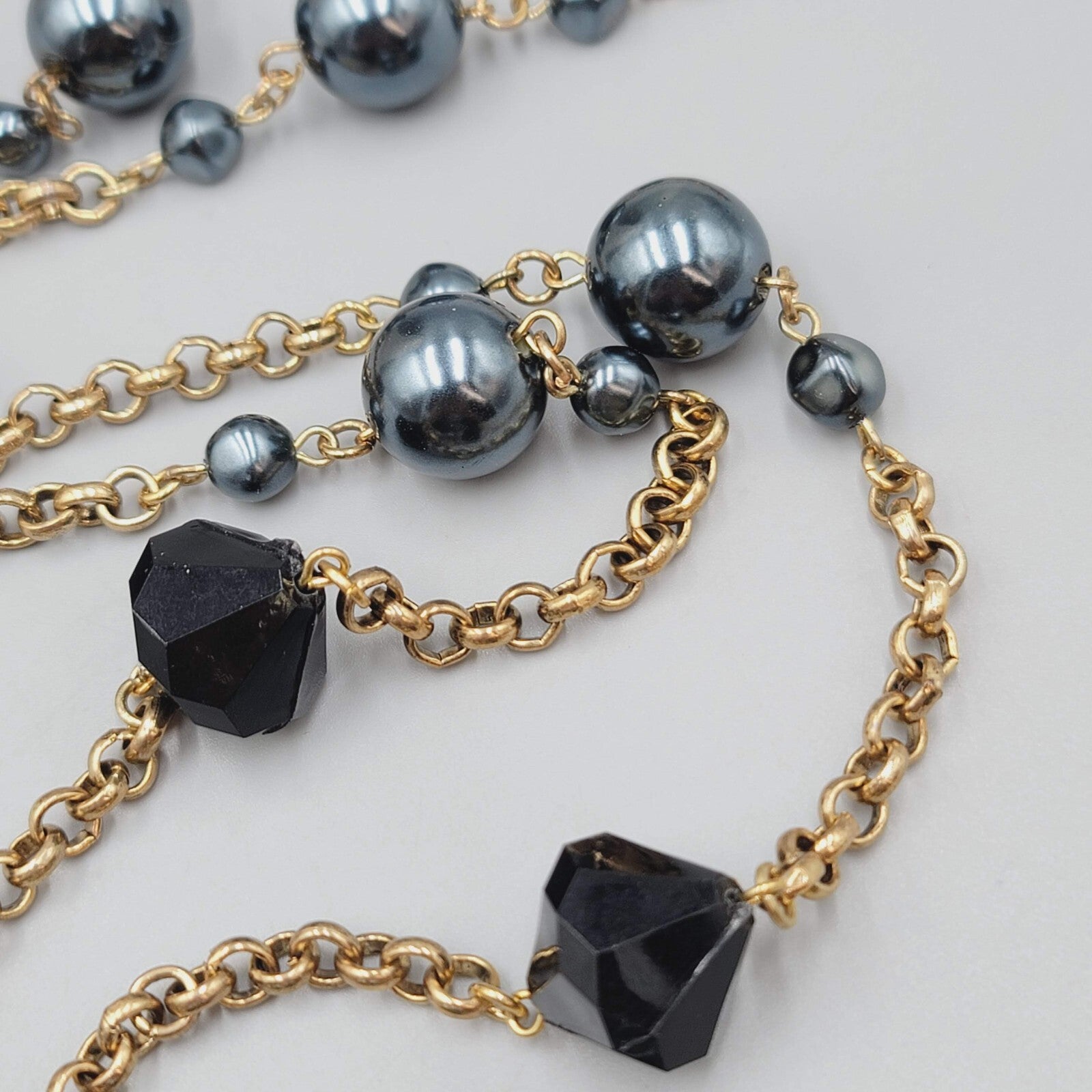 Long Rolo Chain Necklace Gold tone Black and Metallic Blue Beads 44"