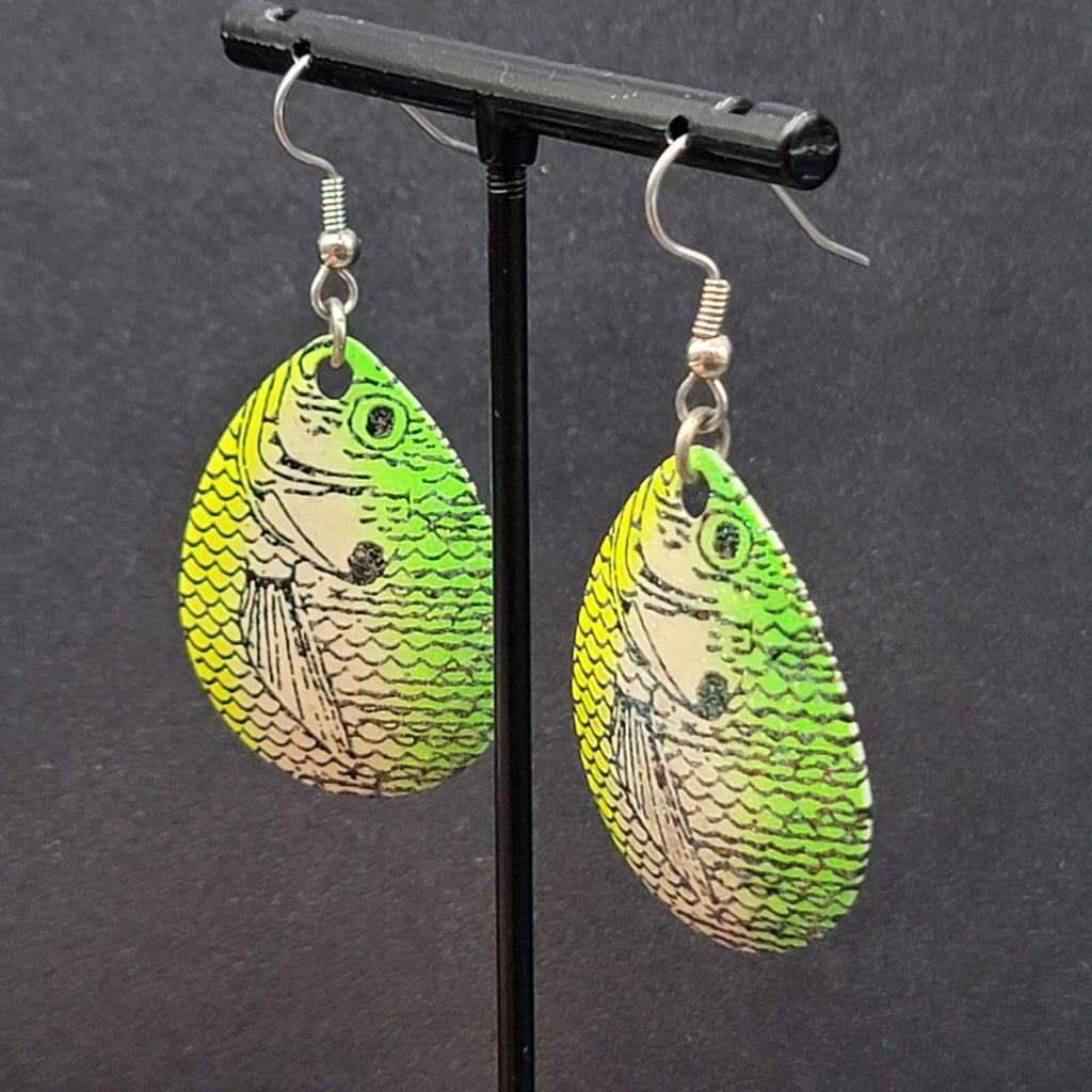 Fishing Lure Pierced Earrings Neon Green Yellow Teardrop Fish Dangle 1.5"