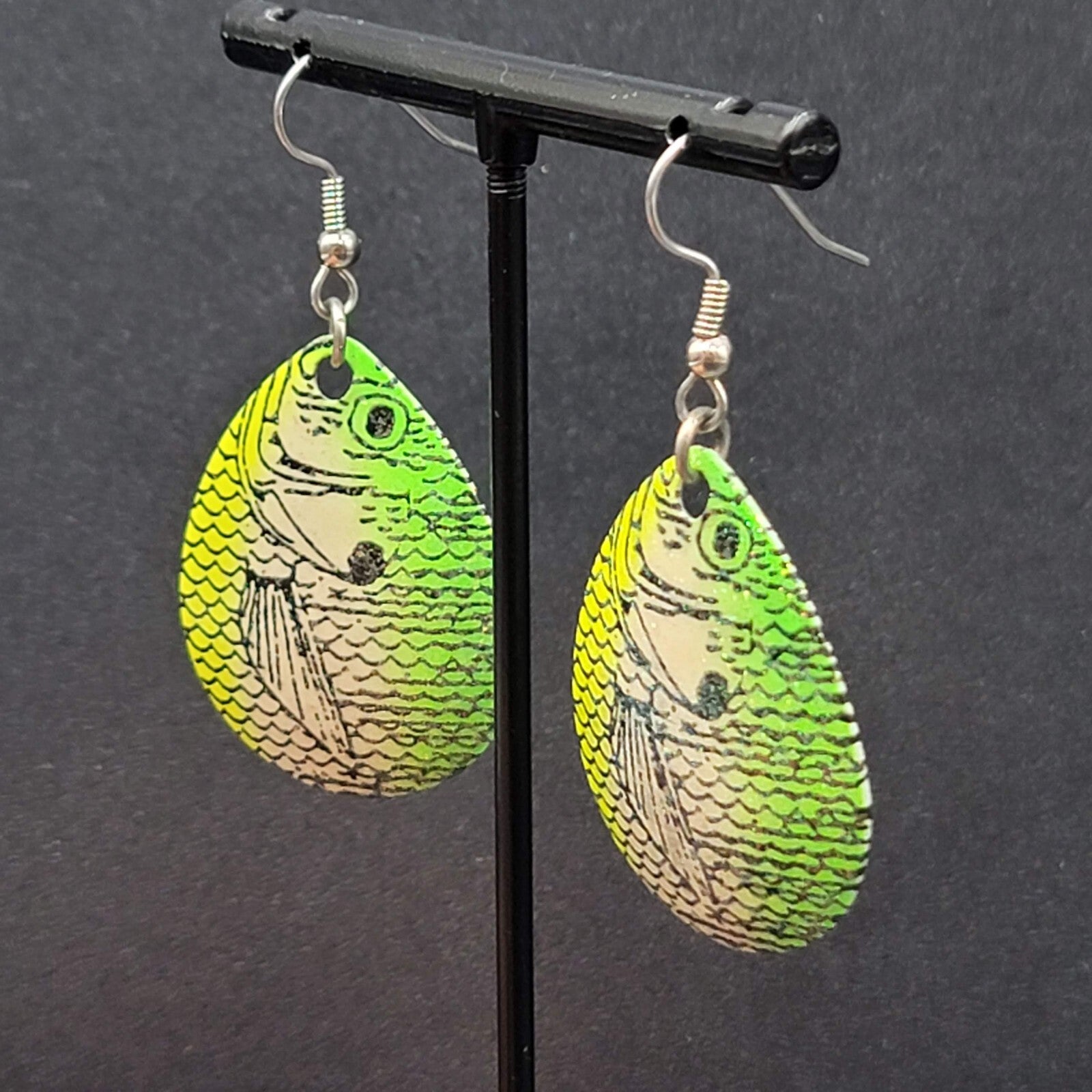 Fishing Lure Pierced Earrings Neon Green Yellow Teardrop Fish Dangle 1.5"