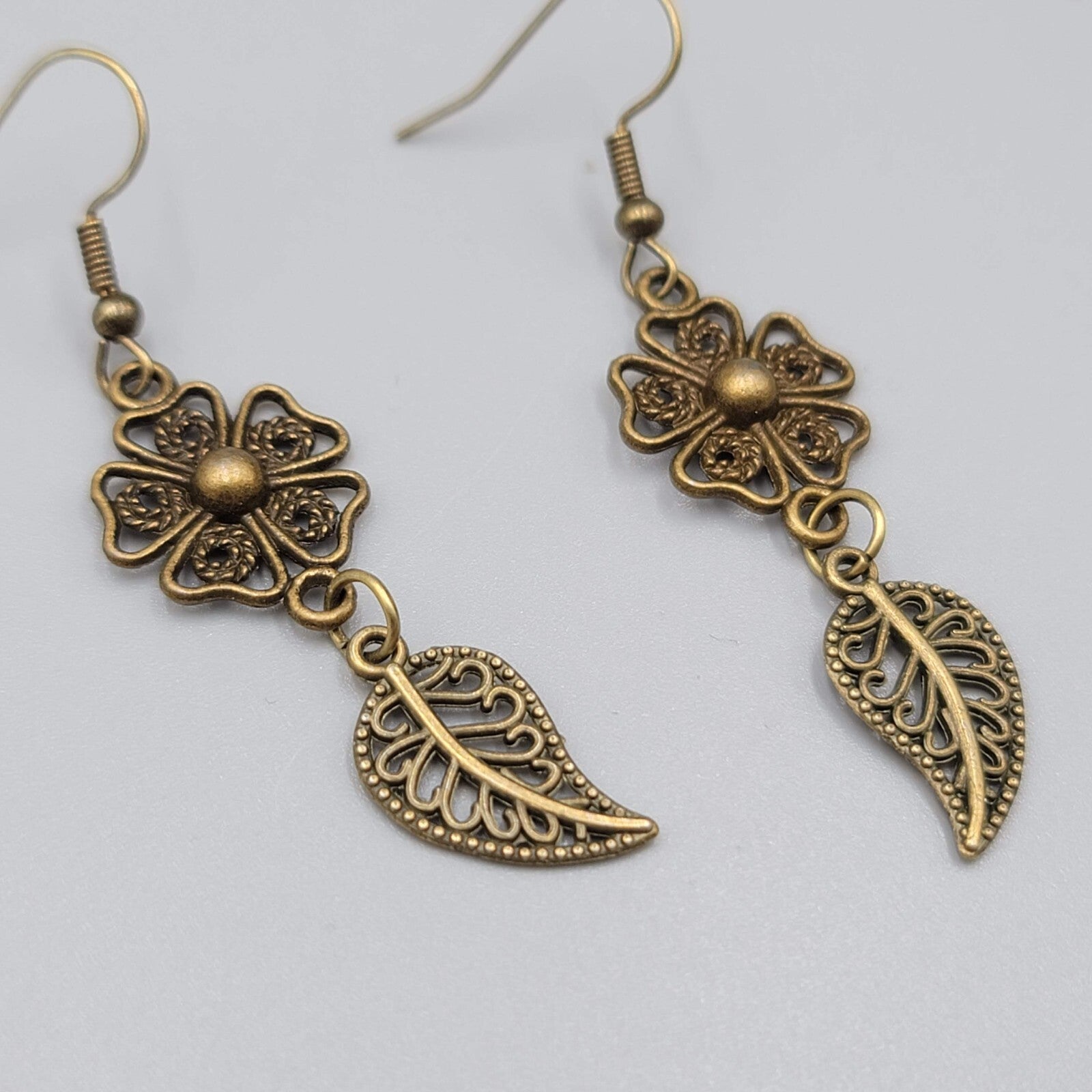 Filigree Flower Pierced Earrings Bronze tone Dangle NEW 1.5"